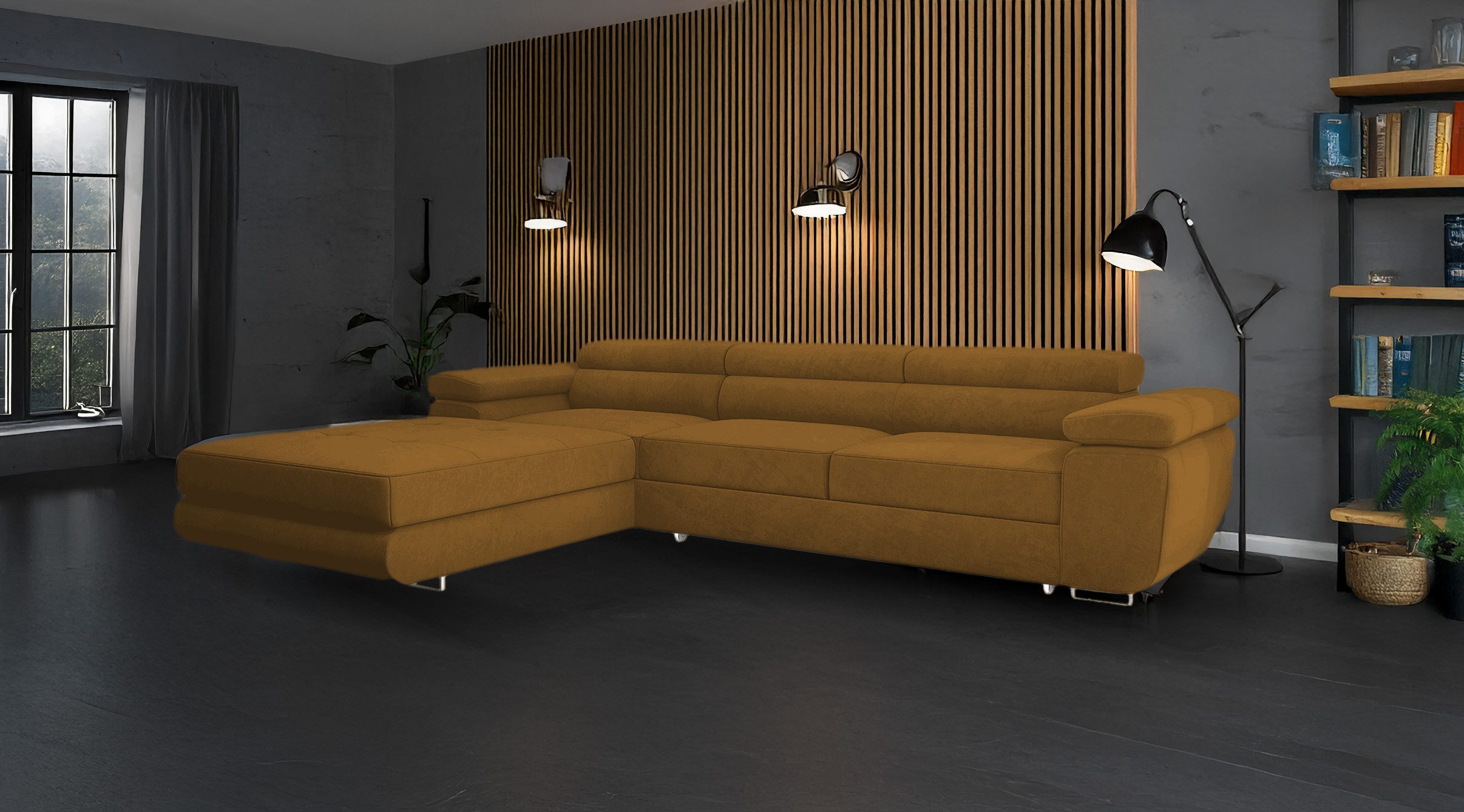 Goldstoff Ecksofa mit Schlaffunktion und Bettkasten, Designer Schlafsofa mit Bettkasten, Big Sofa - VENUS TWIN, Couch mit verstellbaren Kopfstützen in gold