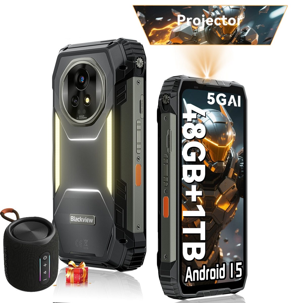 blackview XPLORE 2 Projector: 100-Zoll-Projektor, 20.000mAh inkl. Laustprecher Smartphone (6,73 Zoll, 1024 GB Speicherplatz, 50 MP Kamera, Integrierter Projektor, 20000 mAh, 120W, 5G, 50MP, 20MP Nachtsicht)