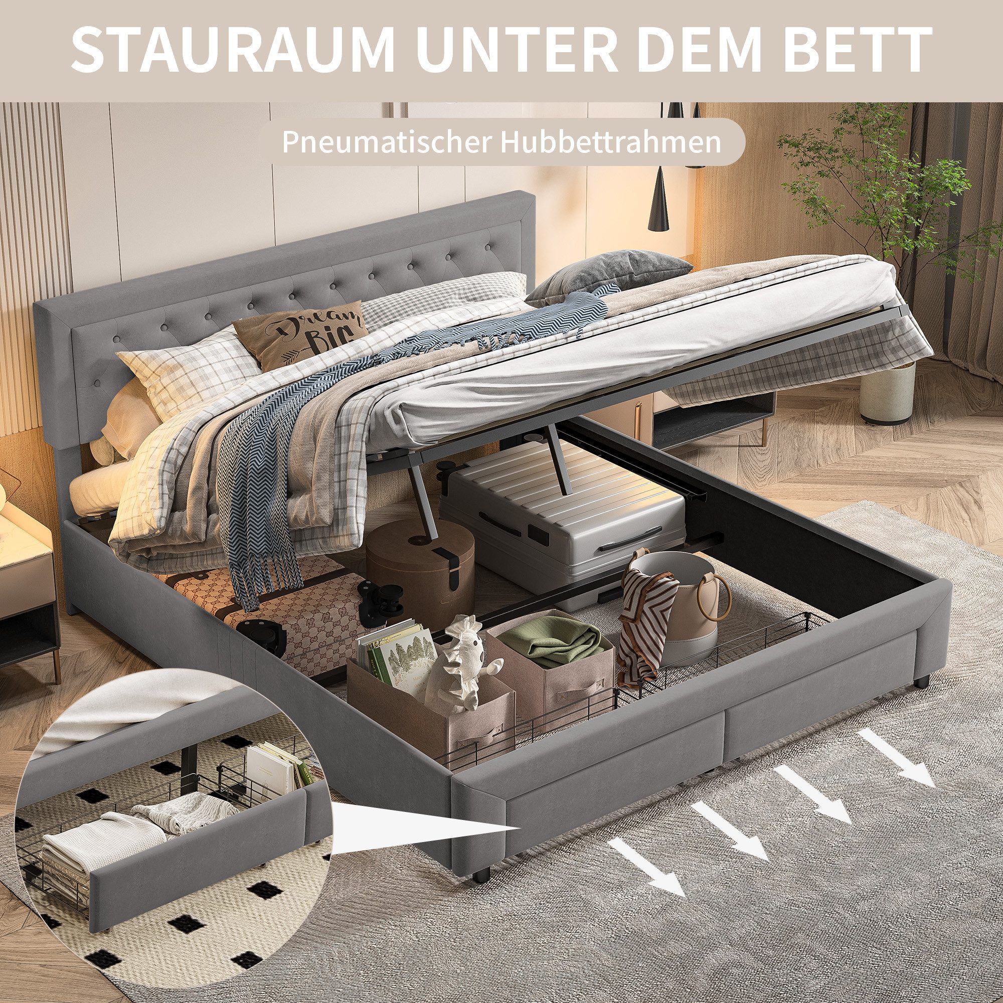 FUROKOY Polsterbett Hydraulisches Stauraumbett Doppelbett Samt (Set, 1-tlg., 180x200cm Jugendbett Bettgestell), mit 2 Schubladen, Knopfsteppung im Kopfteil, Ohne Matratze, Grau