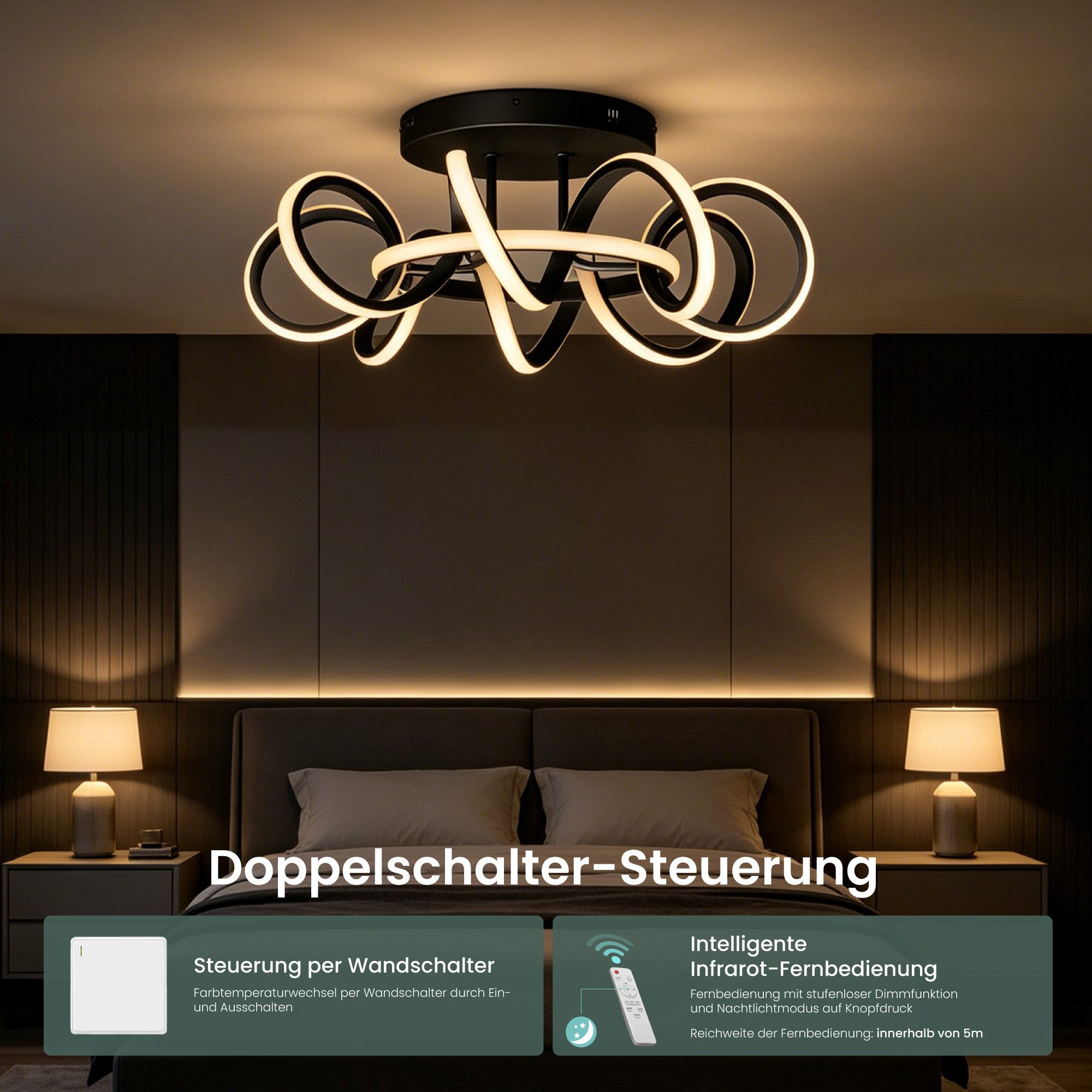 Mai & Mai Pendelleuchte LED Deckenleuchte dimmbar 3000–6400K 58cm 112W Schwarz Nuvora06, LED fest integriert, Farbtemperatur einstellbar: 3000K – 6400K, flimmer – Bild 4 von 5
