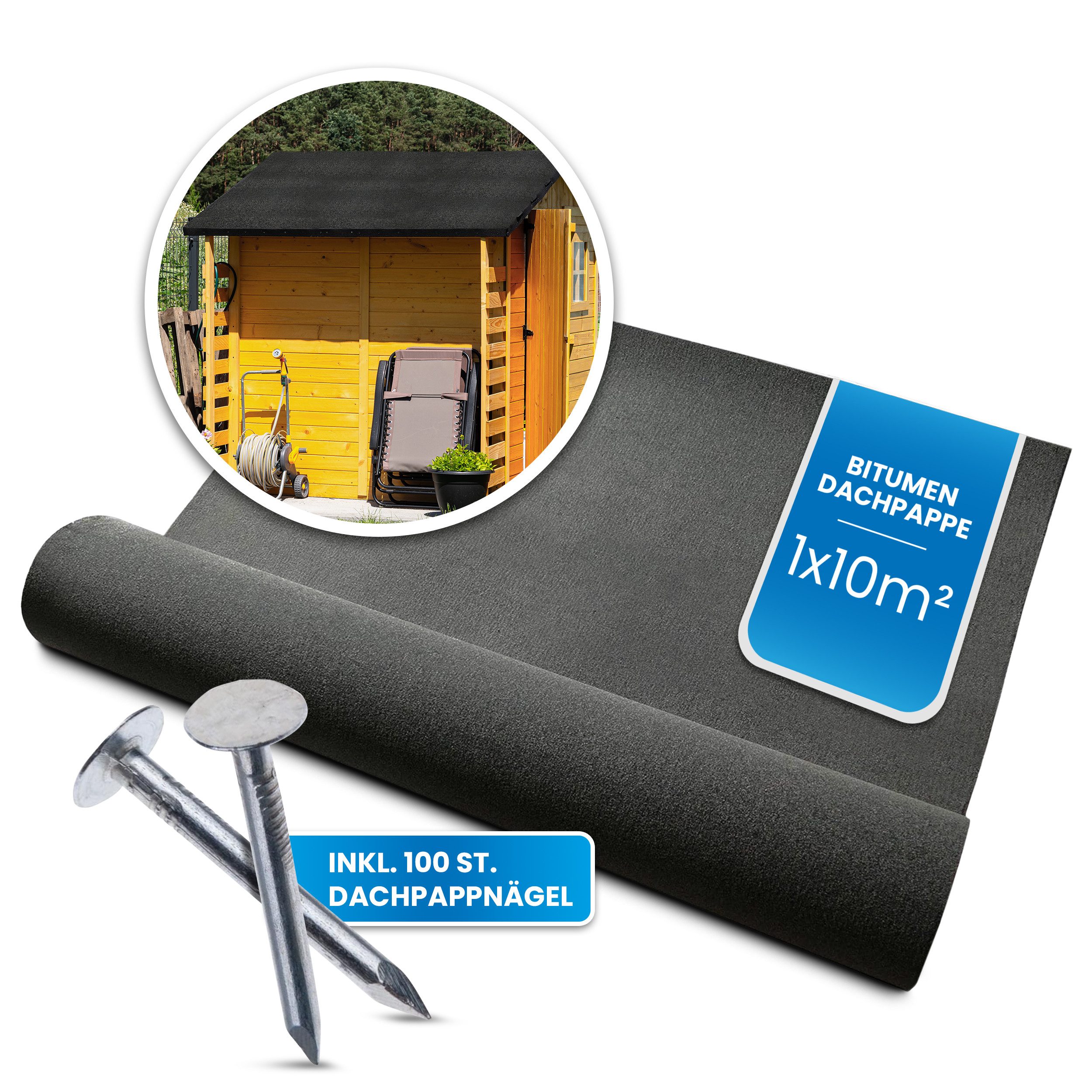 Gartenpirat Dachpappe Bitumen Dachpappe schwarz zur Dacheindeckung inkl. Dachpappnägel, Für Gartenhäuser, Carports oder Kinderspielhäuser