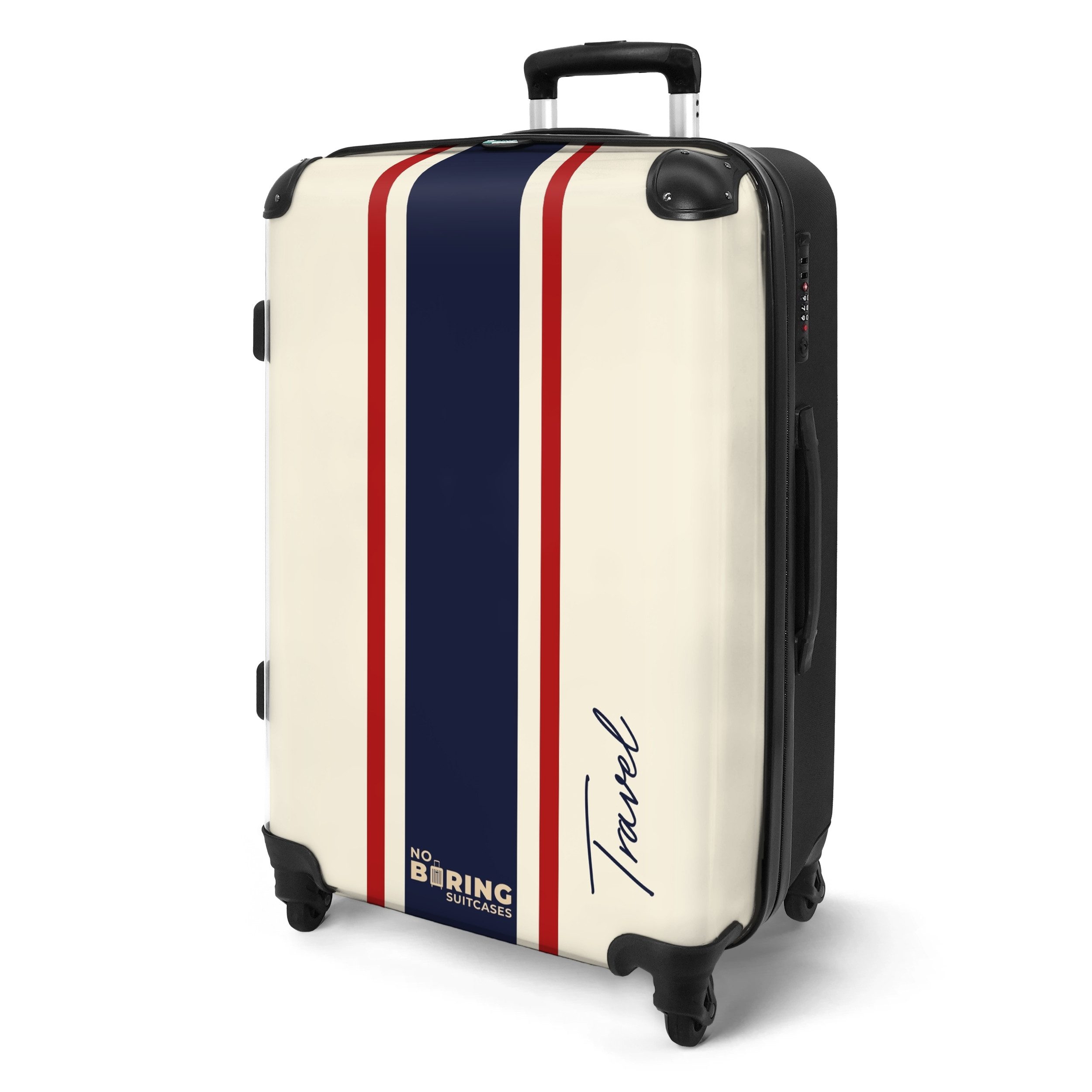 NoBoringSuitcases.com© Hartschalen-Trolley mit leuchtende Räder - Cremefarbener Hintergrund mit zentralem dreifar, 4 Rollen, Koffer Mittelgroß für 20kg, Suitcase für Erwachsene, Reisekoffer