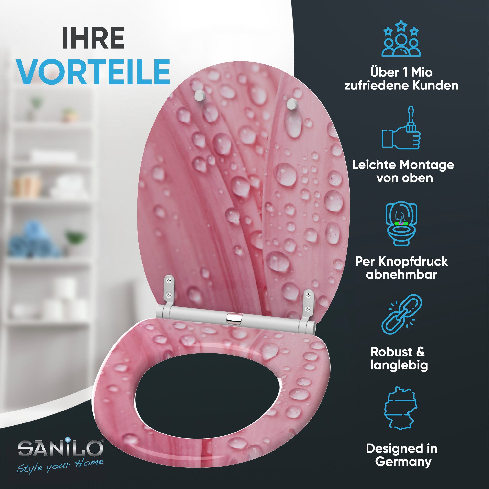 Sanilo WC-Sitz Pink Flower mit Absenkautomatik & Quick Release, Premium Toilettendeckel, abnehmbar, leichte Montage von oben