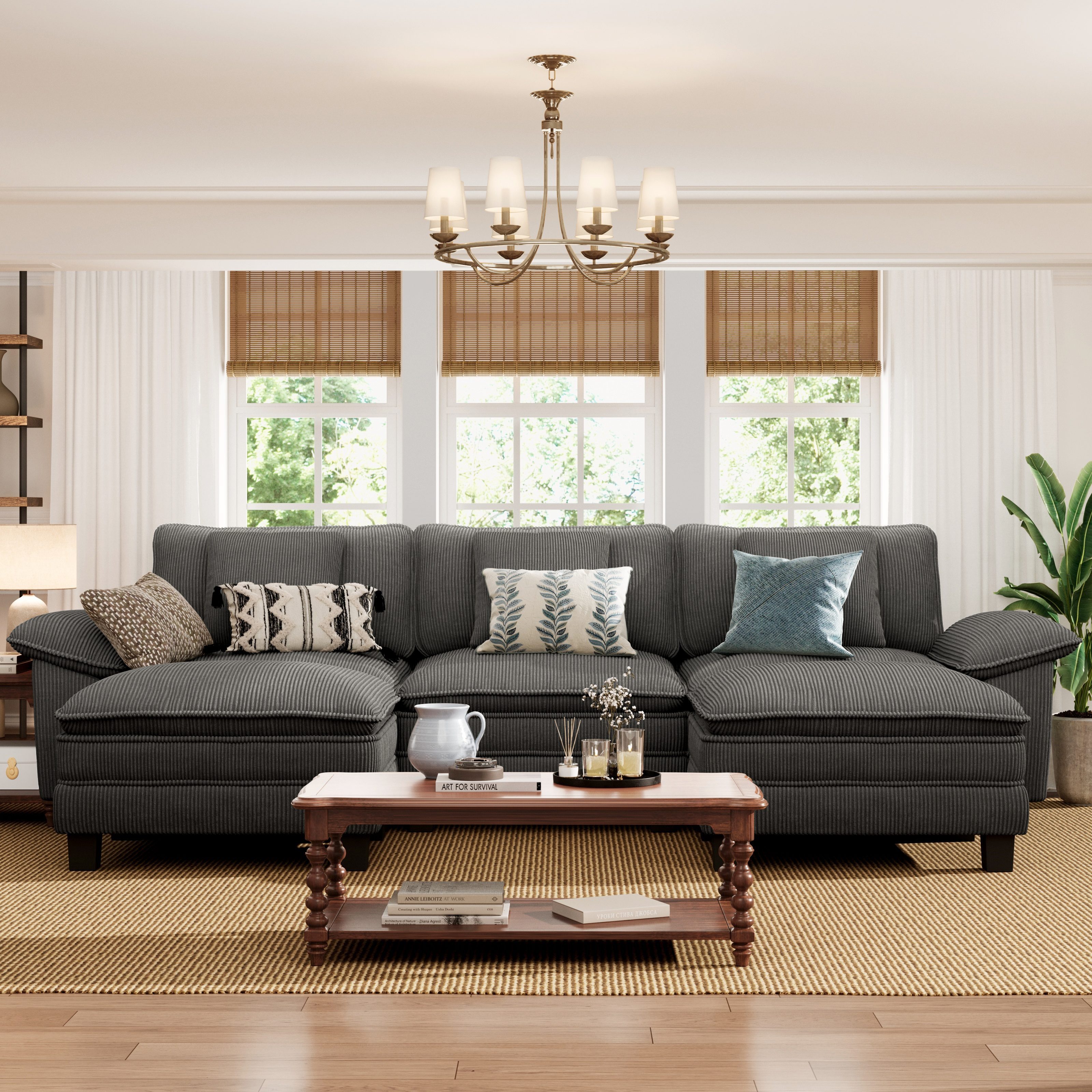 PHI VILLA Ecksofa L-Form Couch, 4-6-Sitzer-Sofa, Modulare Sofas inklusive Zierkissen und Ottomane für das Wohnzimmer