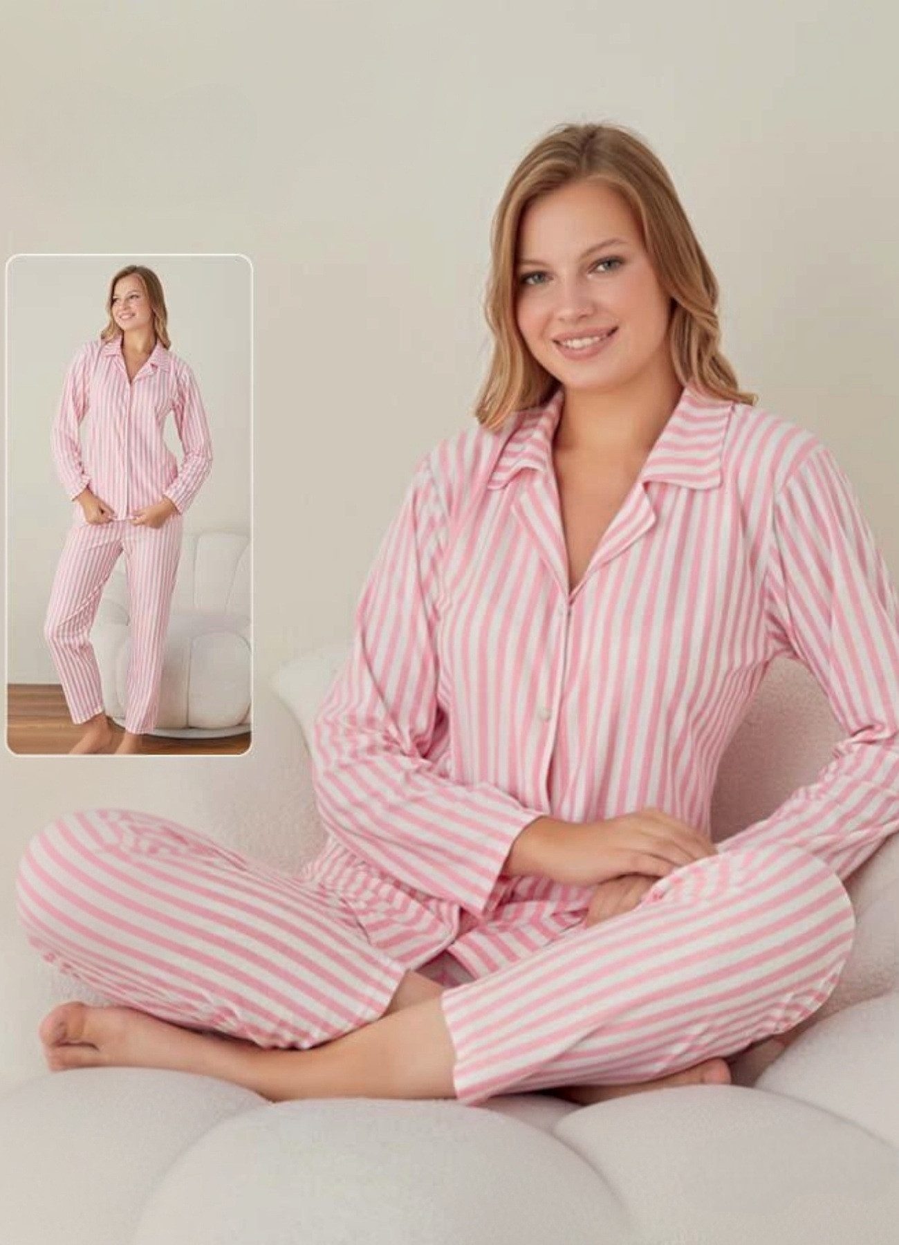 fashionshowcase Pyjama Damen Langarm Schlafanzug mit Knopfleiste, Rosa-Weiß gestreift (Pyjama-Set, Oberteil und Hose) Stilvolles Streifenmuster, klassischer Hemdkragen
