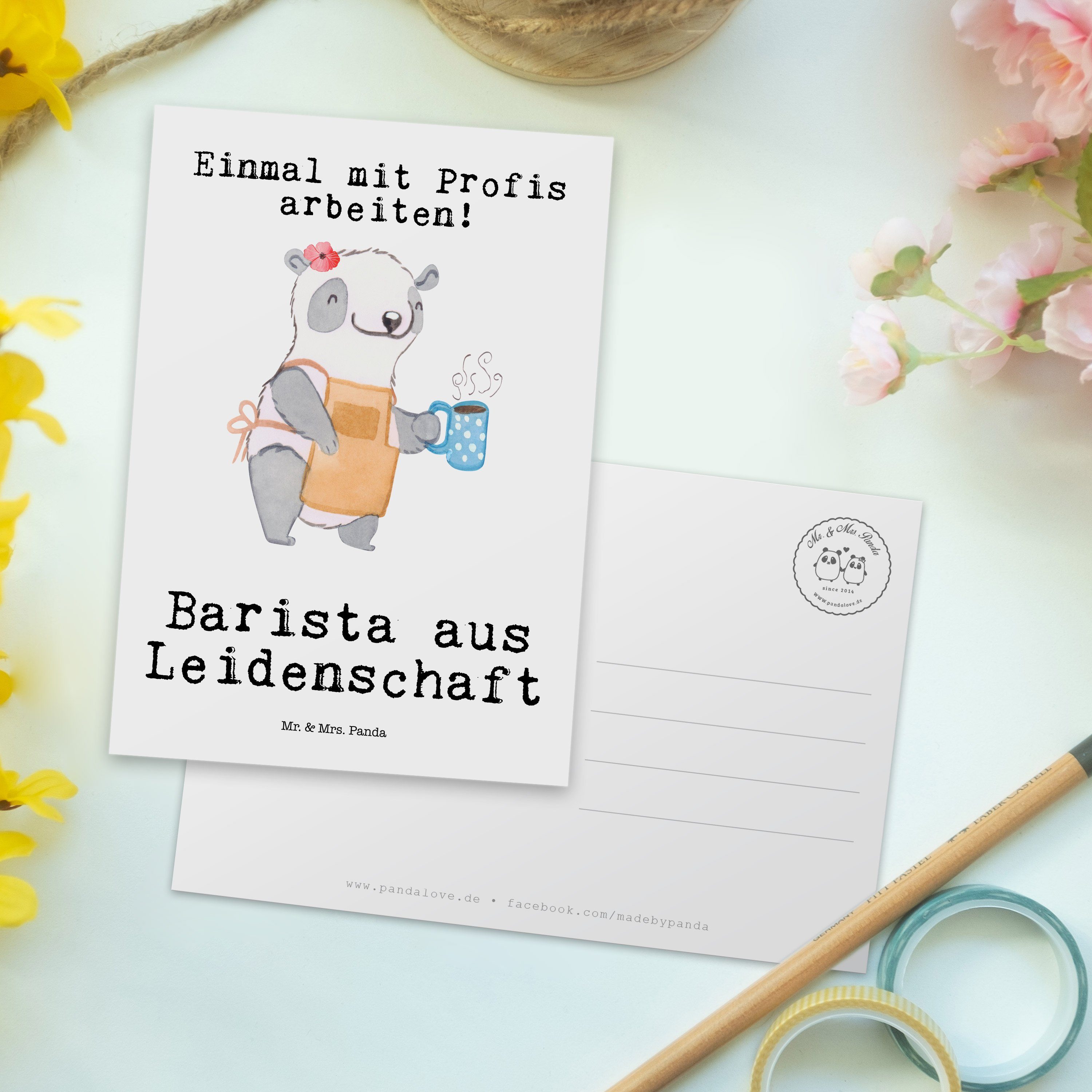 Leidenschaft Cafe, Postkarte Weiß Eröffnung Panda K Mr. aus Herbst, - Mrs. - & Barista Geschenk,