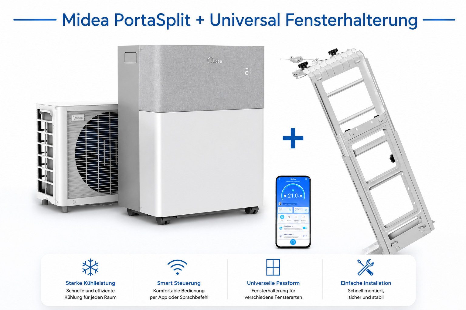 Midea 4-in-1-Klimagerät Midea PortaSplit + Universal Fensterhalterung – Komplettset