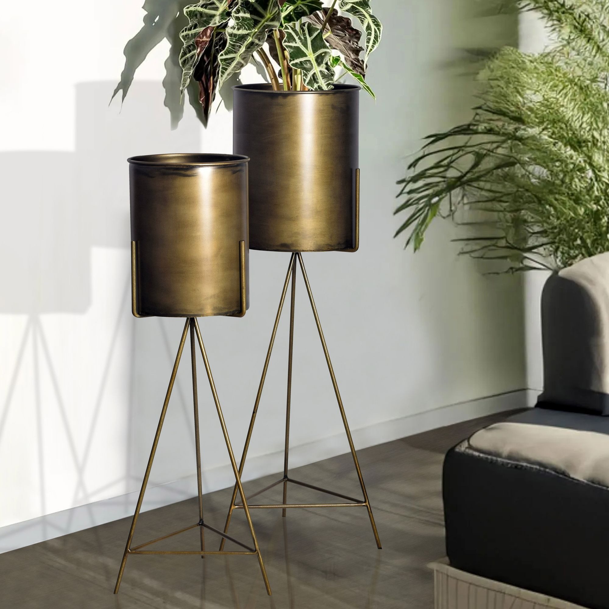 FINEBUY Übertopf Blumentopf Pflanzenkübel 2er Set Metall Gold Rund Pflanzgefäß Hoch Eis (Design Eisen-Pflanzenkübel Rund, Blumenkübel), 2er Set Metall Pflanzkübel Gold mit Gestell