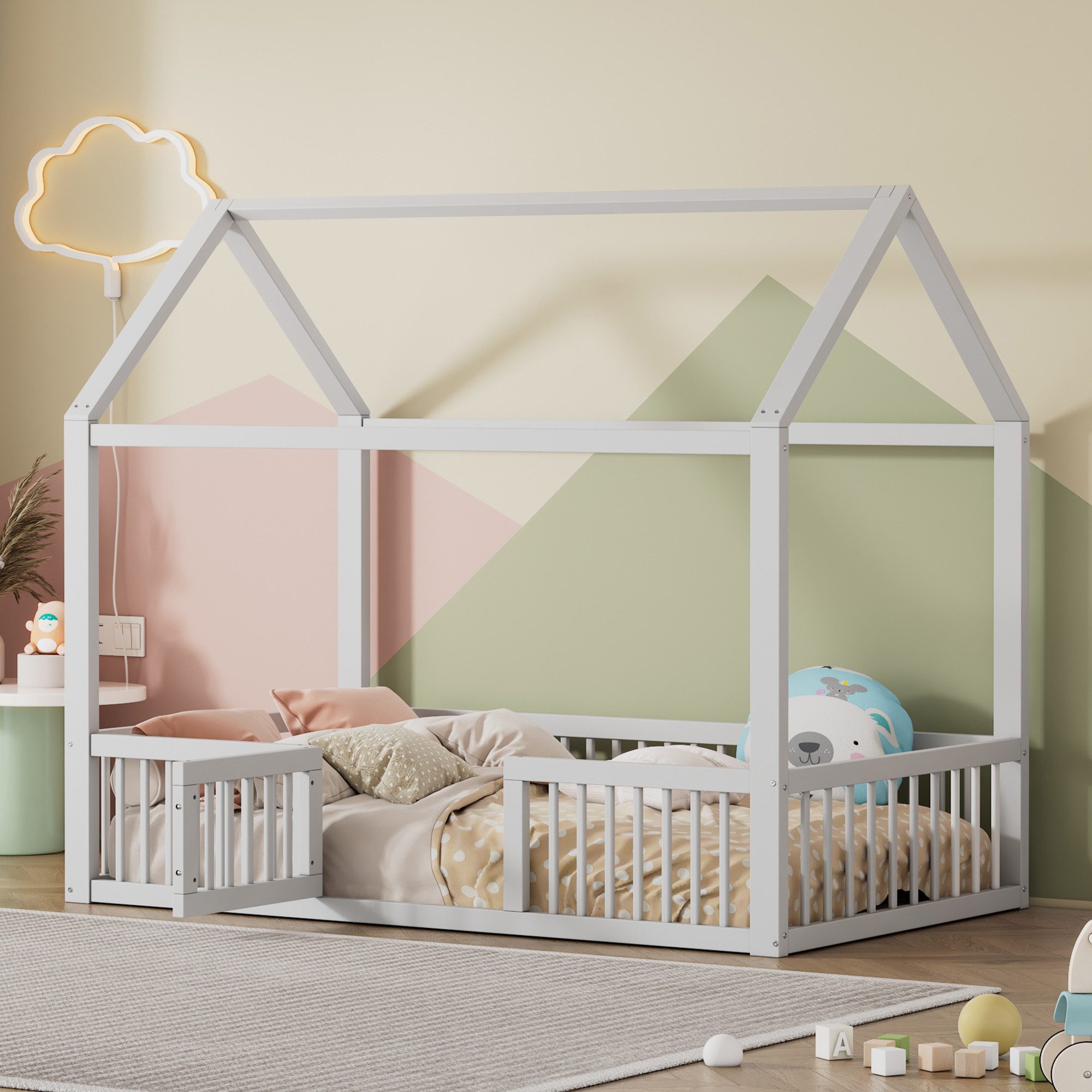 Kinderbett Hausbett Massivholzbett mit Türchen Weiß 90/140cm,Kinderzimmer