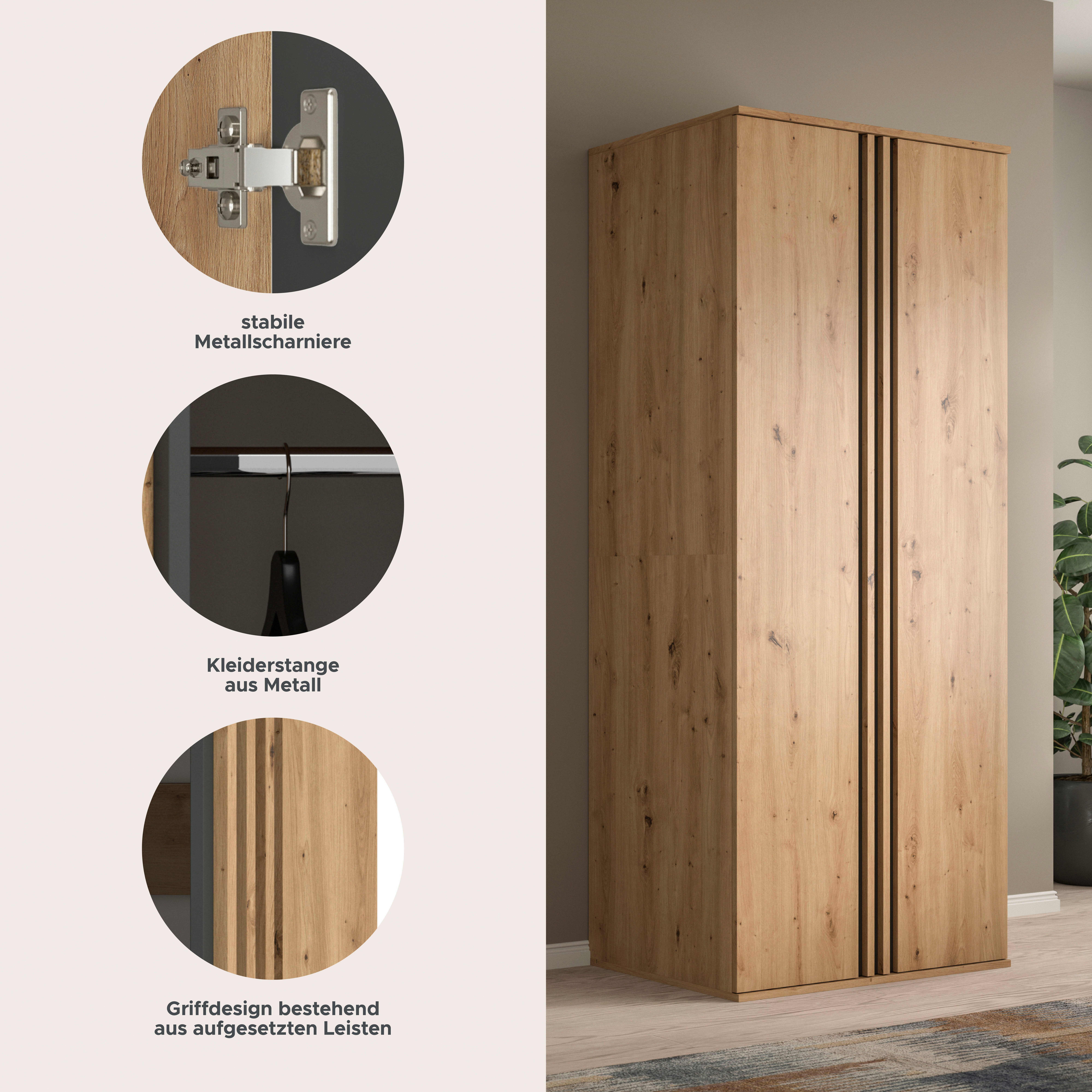 Home affaire Kleiderschrank ALVA, Breite 80 cm, mit griffloser Front in Paneeloptik, Schrank (Schlafzimmerschrank in weiteren Ausführungen erhältlich) 2 Türen, 1 Kleiderstange, 1 Einlegeboden