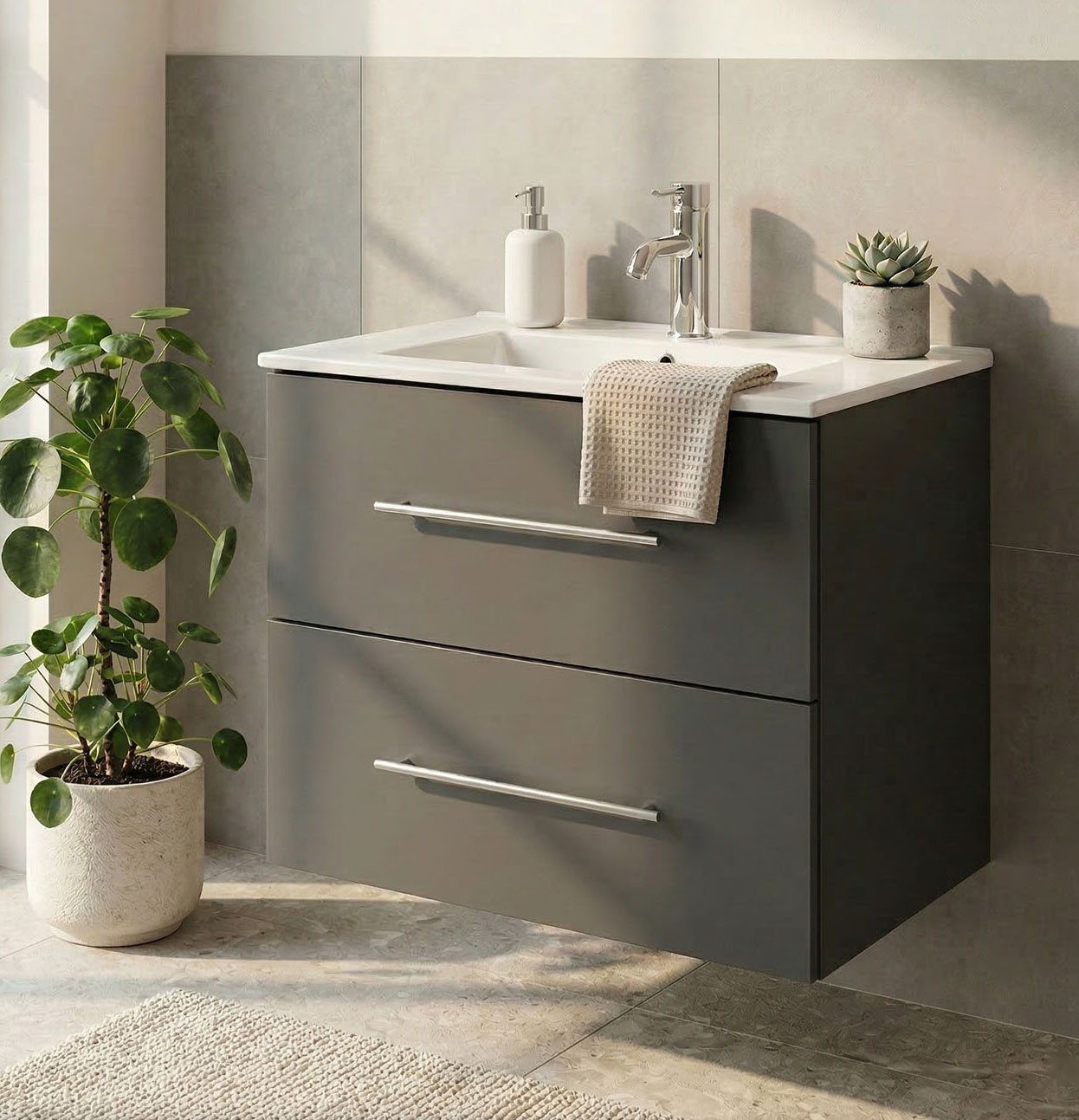 Lomadox Waschtisch HARLINGEN-02, 70cm breit, Keramikwaschbecken, Softclose, in grau