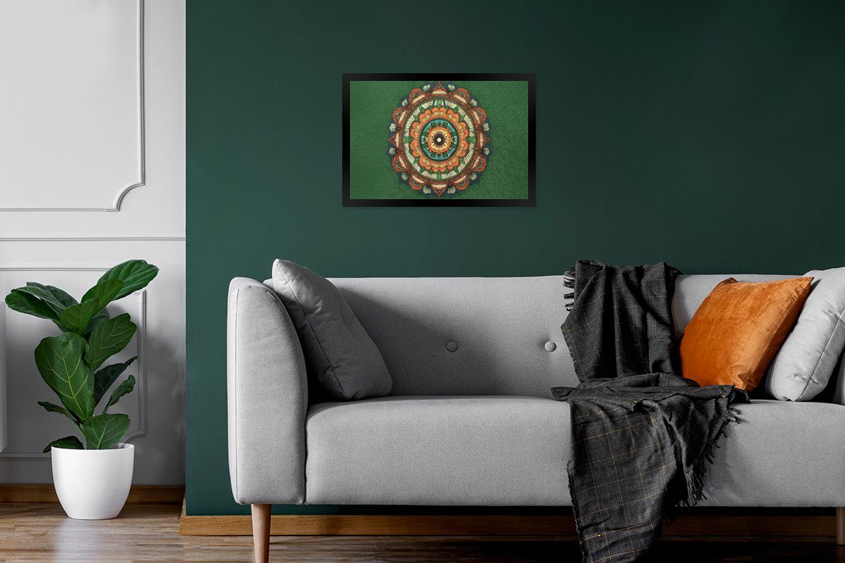 - - Poster Gerahmtes (1 Mandala Wanddeko, Wandposter, Hippie Blumen MuchoWow Orange, Bilder, St), Poster, Schwarzem Bilderrahmen -