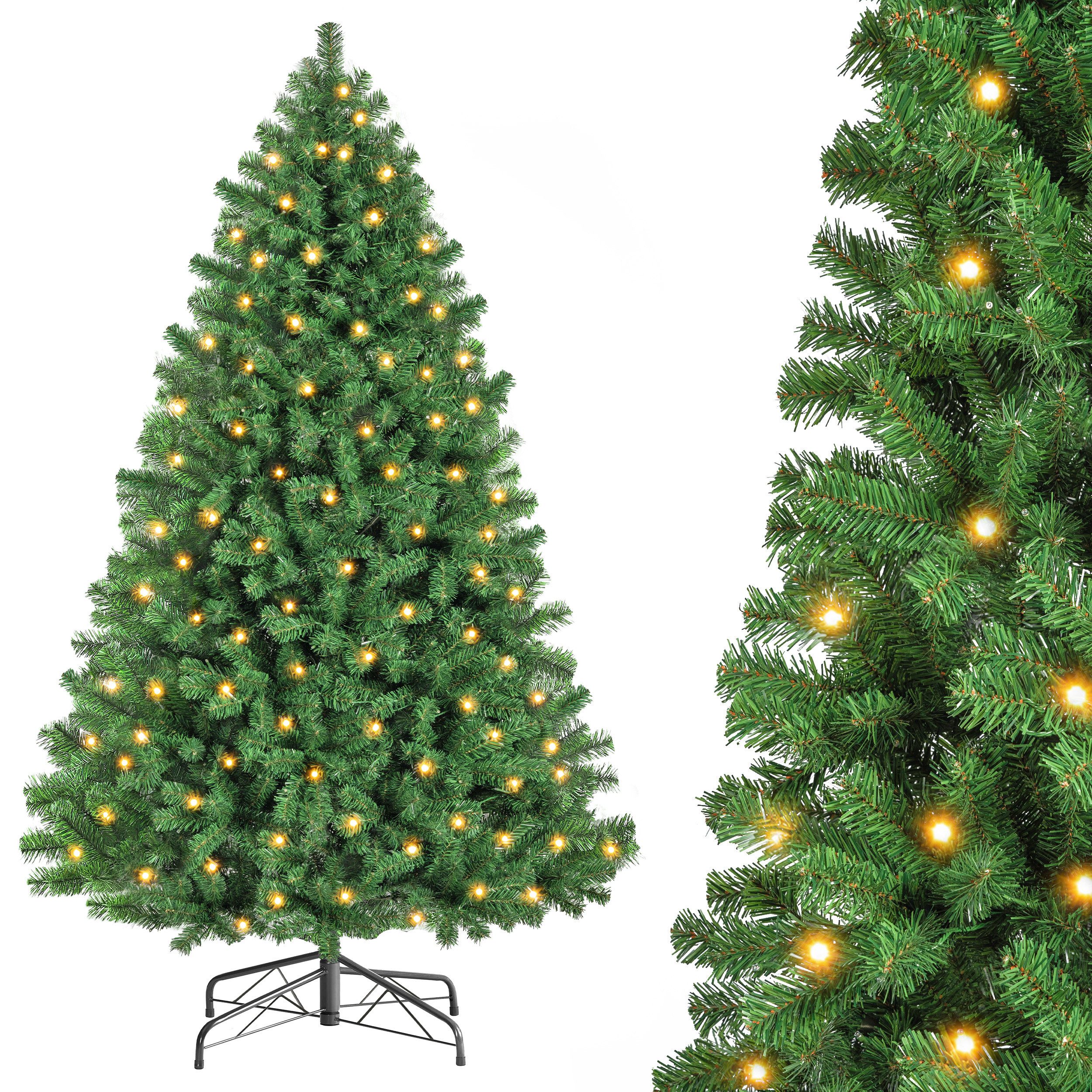 WHEELYOU Künstlicher Weihnachtsbaum 150 cm Klassische Tannenform, PVC, warmgelbe LEDs, 8 Lichtmodi, Klassische Tannenform, dichte PVC-Zweige, warmgelbe Beleuchtung, 8 Lichtmodi, integrierte LEDs, formbare Zweige, Metallständer