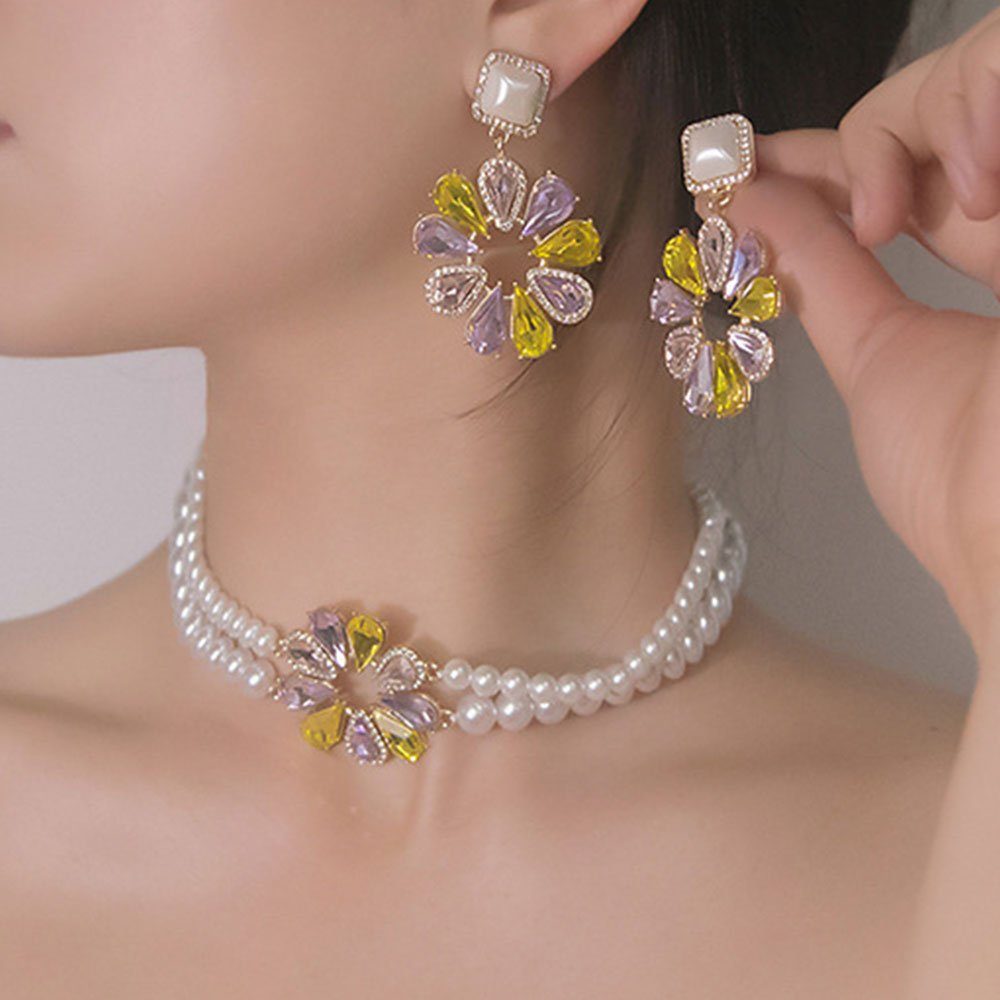 LAKKEC Schmuckset Halsketten, Ohrringe, Damenschmuck Strass-Blume Perlen schmuck-Set, Brautschmuck Set (2-tlg)