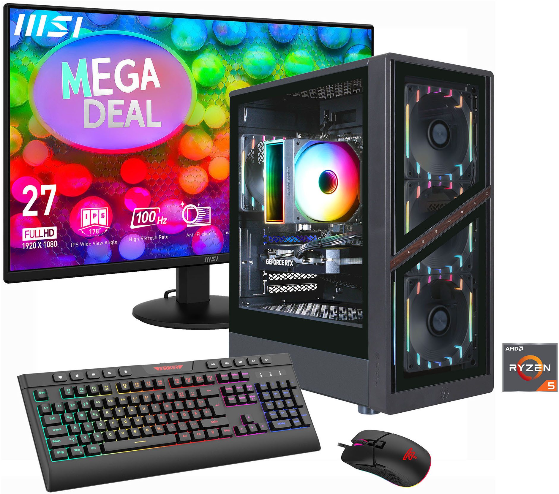 GAMEMAX MegaDeal AERIS GB 2822 AMD Ryzen 5 5500 16GB 480GB SSD RTX 5060 Gaming-PC-Komplettsystem (27", AMD Ryzen 5 5500, RTX 5060, 16 GB RAM, 480 GB SSD, Windows 11 + MSI PRO MP272L LCD-Monitor, 68,6cm (27)