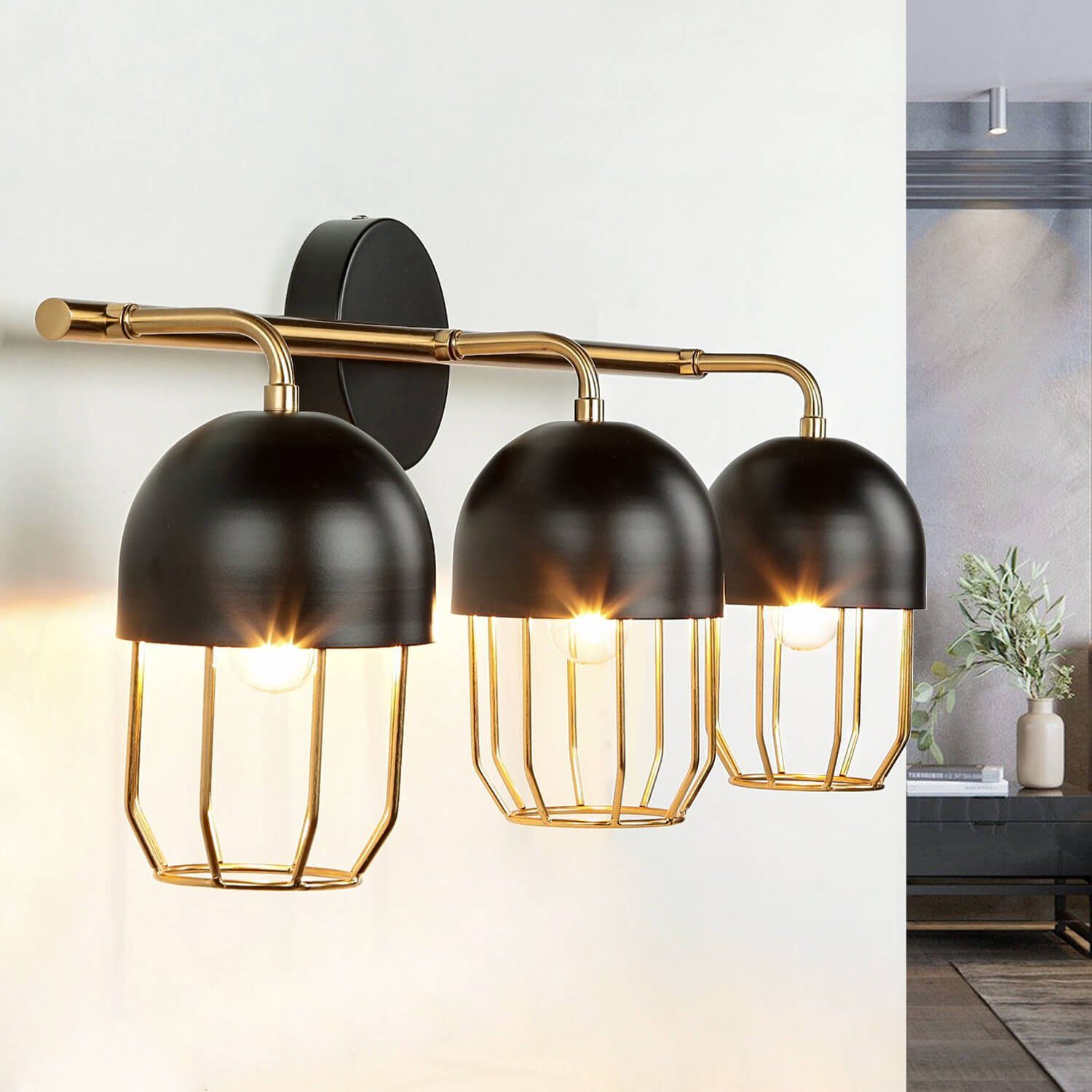 3-flammig ohne Loft Design in QUIN, Licht-Erlebnisse Leuchtmittel, E14 Metall Schwarz Wandleuchte Gold Wandlampe