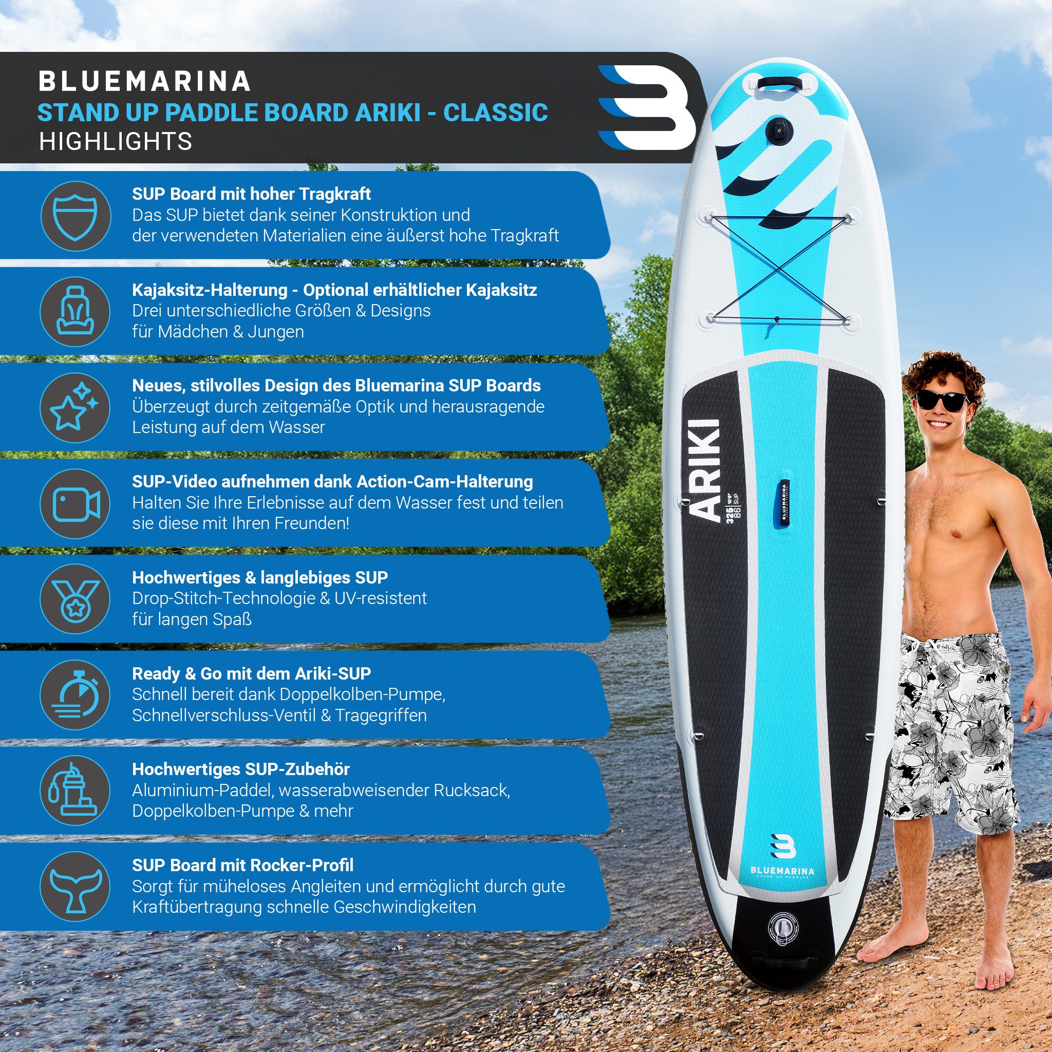 Bluemarina SUP-Board Ariki SUP Board Standuppaddle aufblasbar inkl. 5 J. Garantie, aufblasbar, (SUP aufblasbar, SUP Anfänger, Stand Up Paddel Board 200 kg, Stand Up Paddle, SUP Board, Stand Up Paddel Board), Surfbrett, Surfboard, Paddelboard, SUP