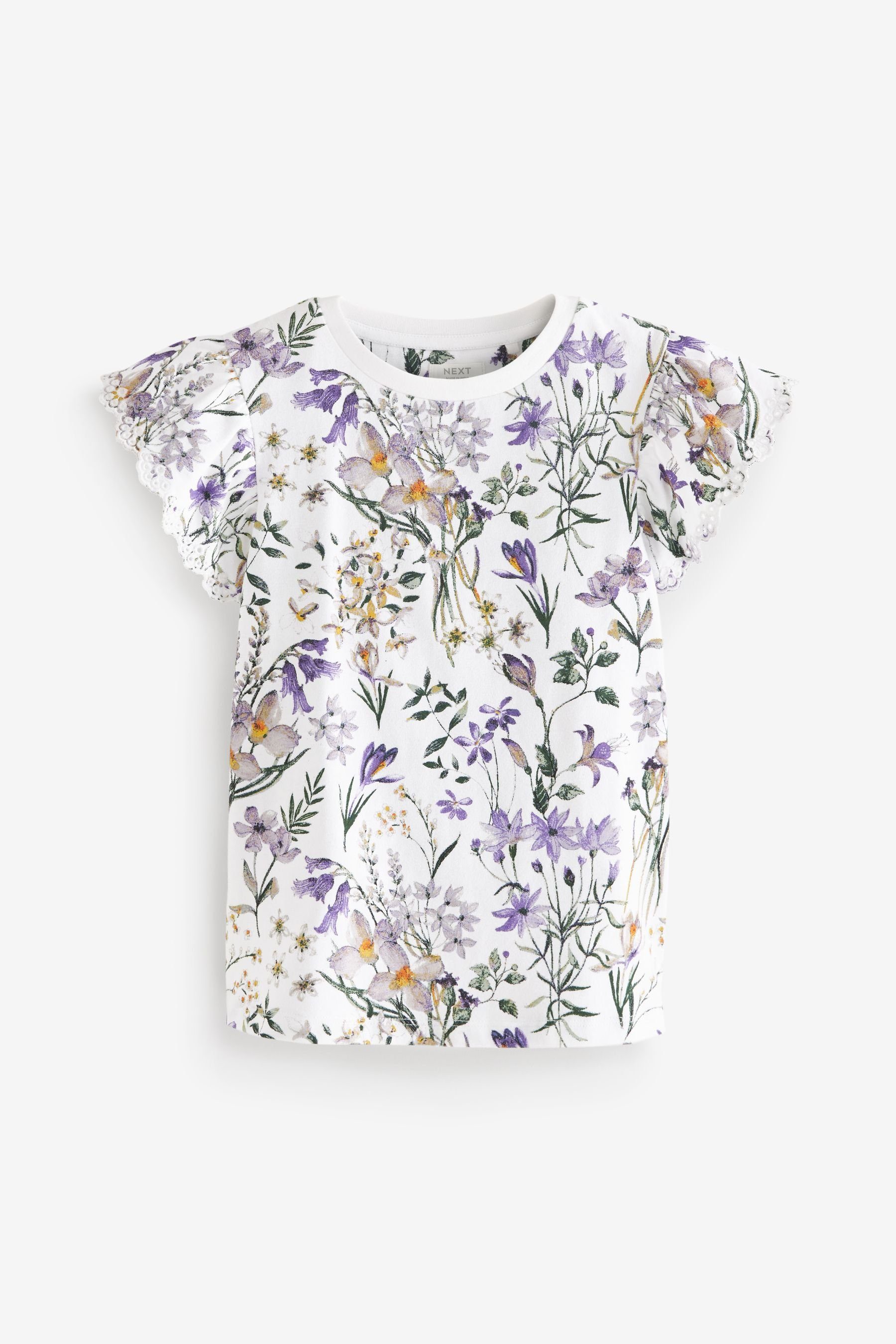 Next T-Shirt T-Shirt mit Lochstickerei und Rüschenärmeln (1-tlg) Purple/White Floral