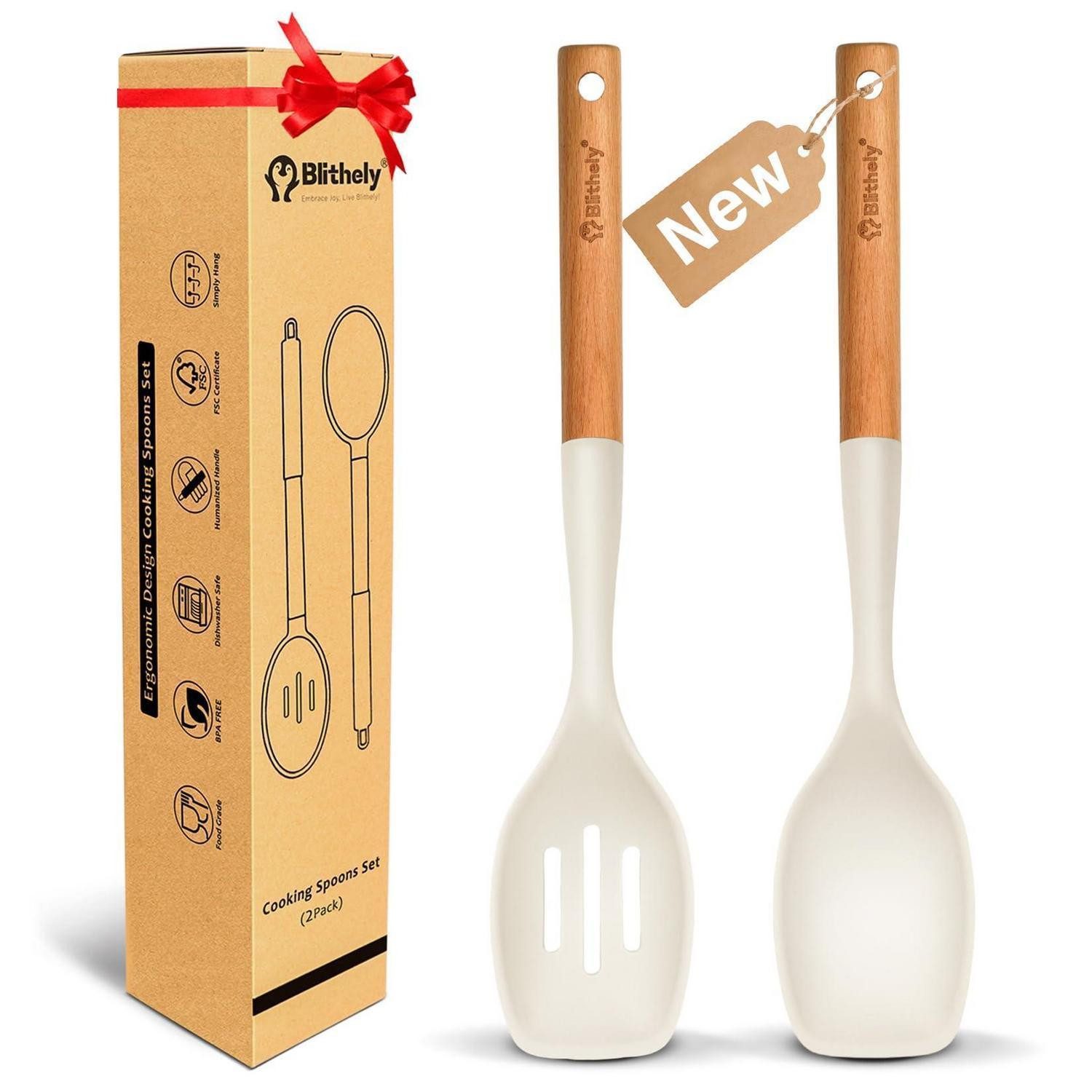 LuxusKollektion Küchenspachtel 2tlg Kochlöffel-Set Silikon mit Holzgriff Weiß