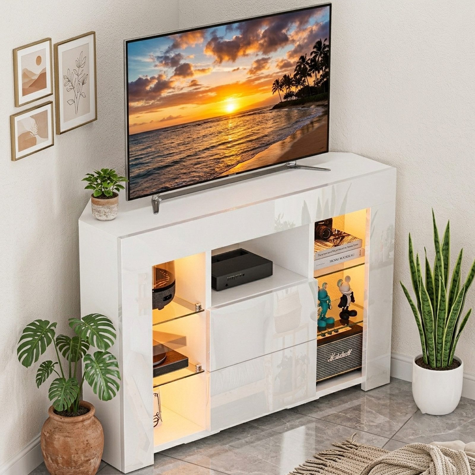 Dripex TV-Schrank TV Eckschrank Lowboard LED Weiß Hochglanz Eckkommode mit Beleuchtung