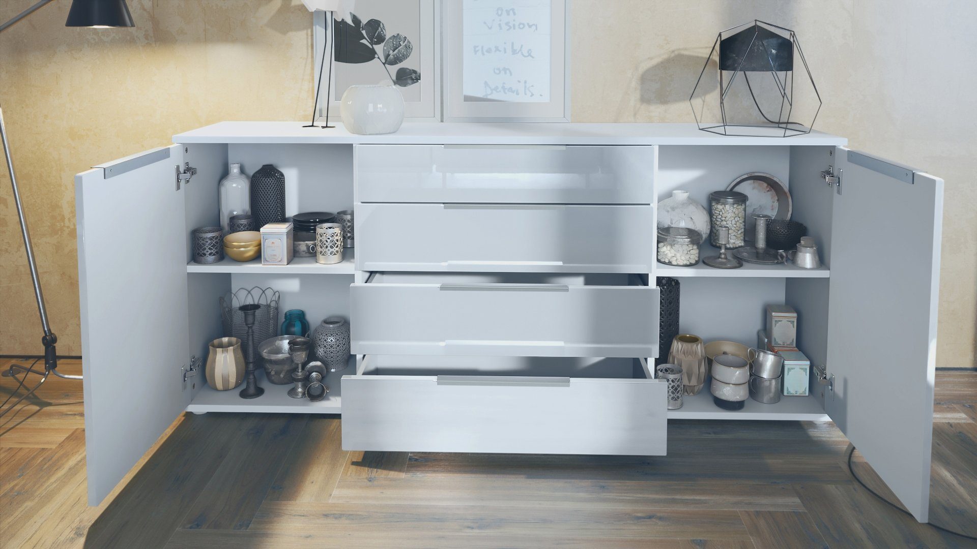 Vladon Sideboard Porto V2 (Anrichte, mit 2 Türen und 4 Schubladen), Weiß matt/Creme Hochglanz (166,5 x 72,5 x 35 cm)