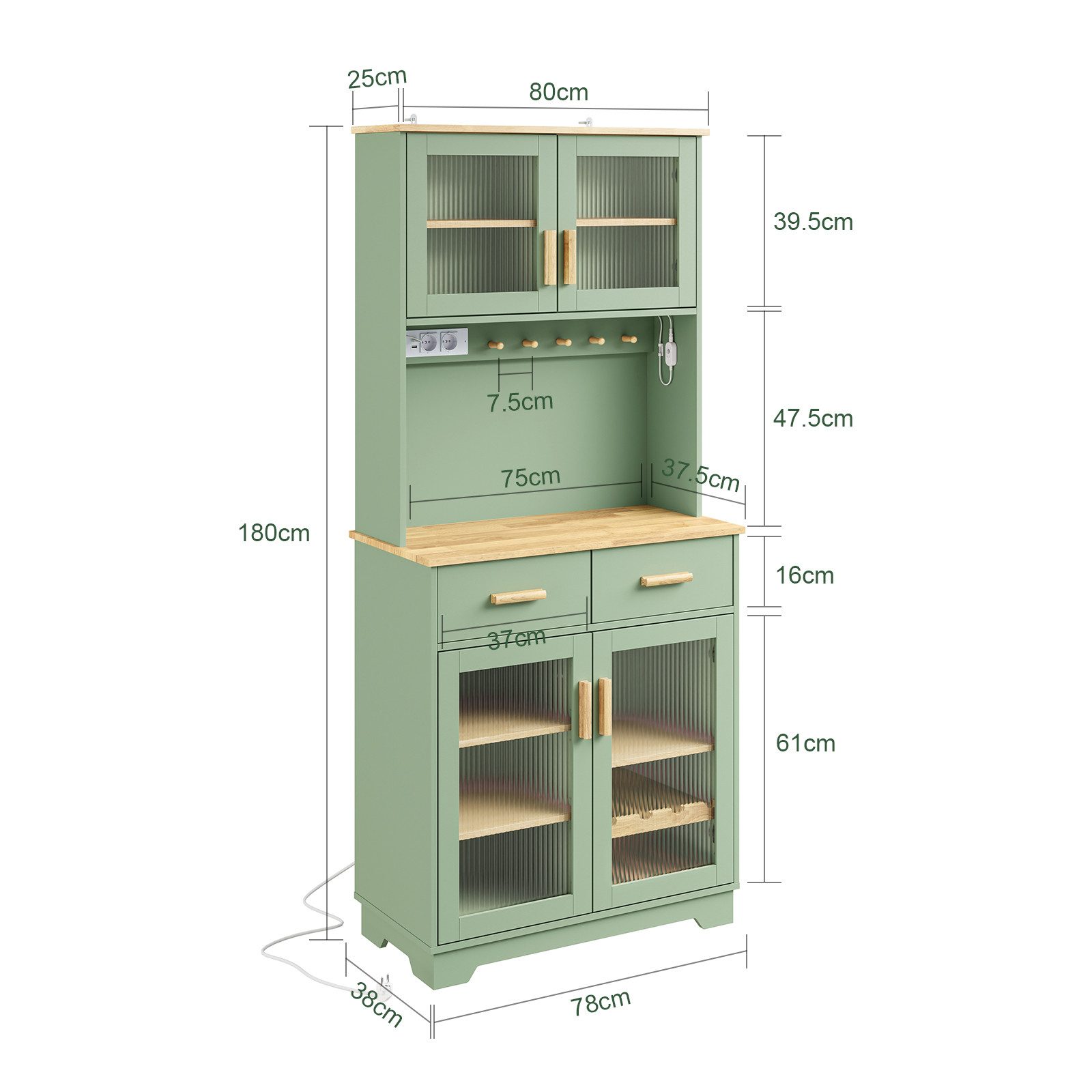 SoBuy Hochschrank FSB108-E, Küchenbuffet mit Arbeitsplatte, Vitrinenschrank mit LED (1er Set) Grüner Schrank mit LED, Steckdosen und USB-Anschluss für Küche