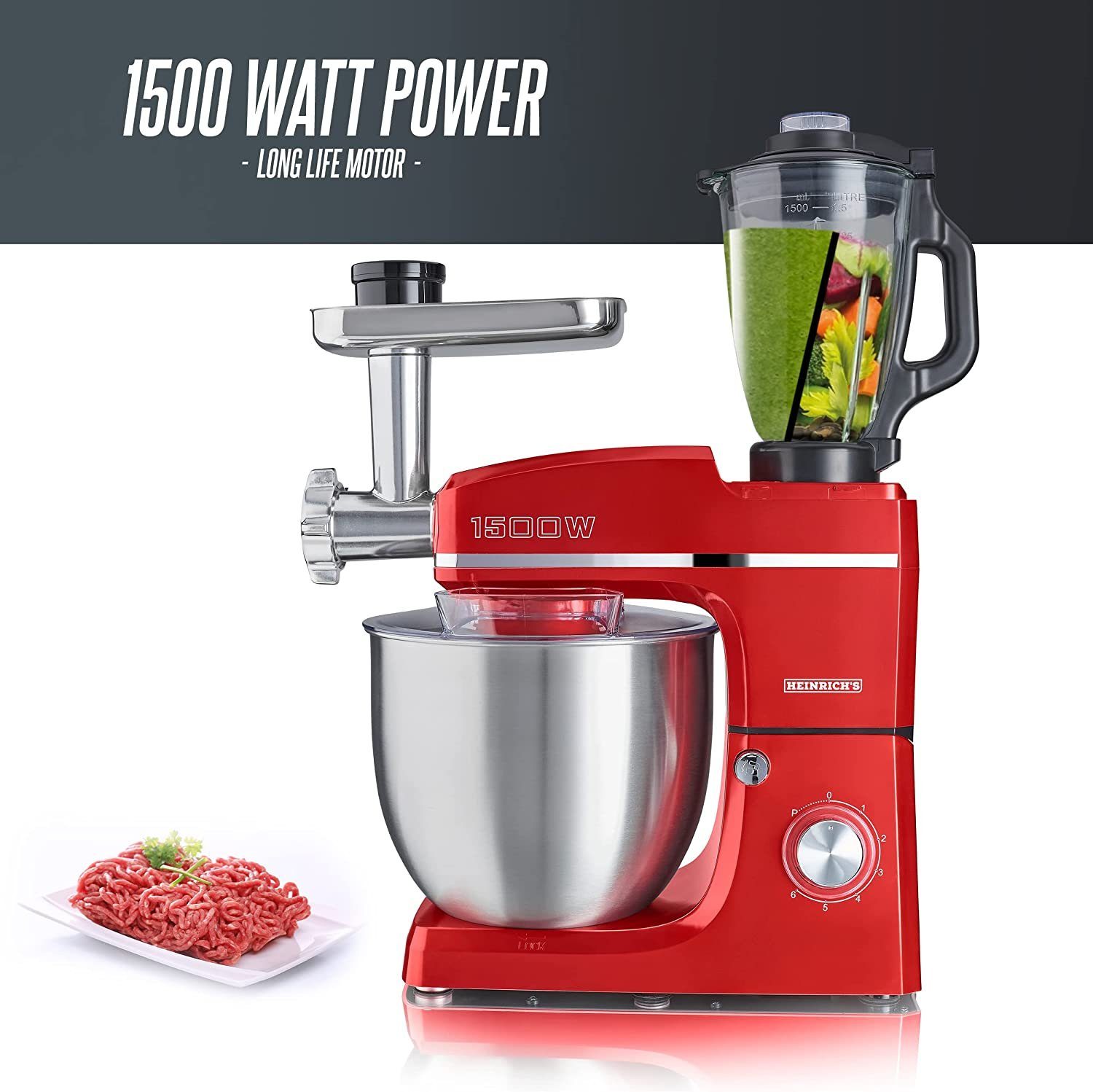 Heinrich´s Küchenmaschine, 1500 W, 10,00 l Schüssel, 6 Geschwindigkeiten, Multifunktional, XXXL