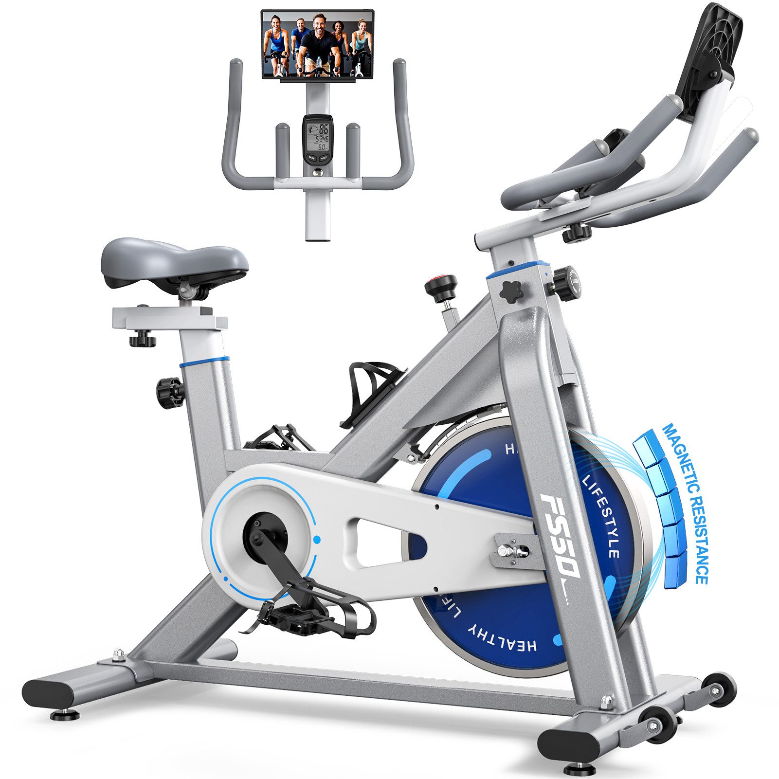 VOWVIT Heimtrainer mit 300 W Widerstandsmoment, 4-Fach Voll verstellbarem Ergometer (1-tlg), mit RPM ANZEIGE, Große Tablet-Halter, 150 KG Belastbar