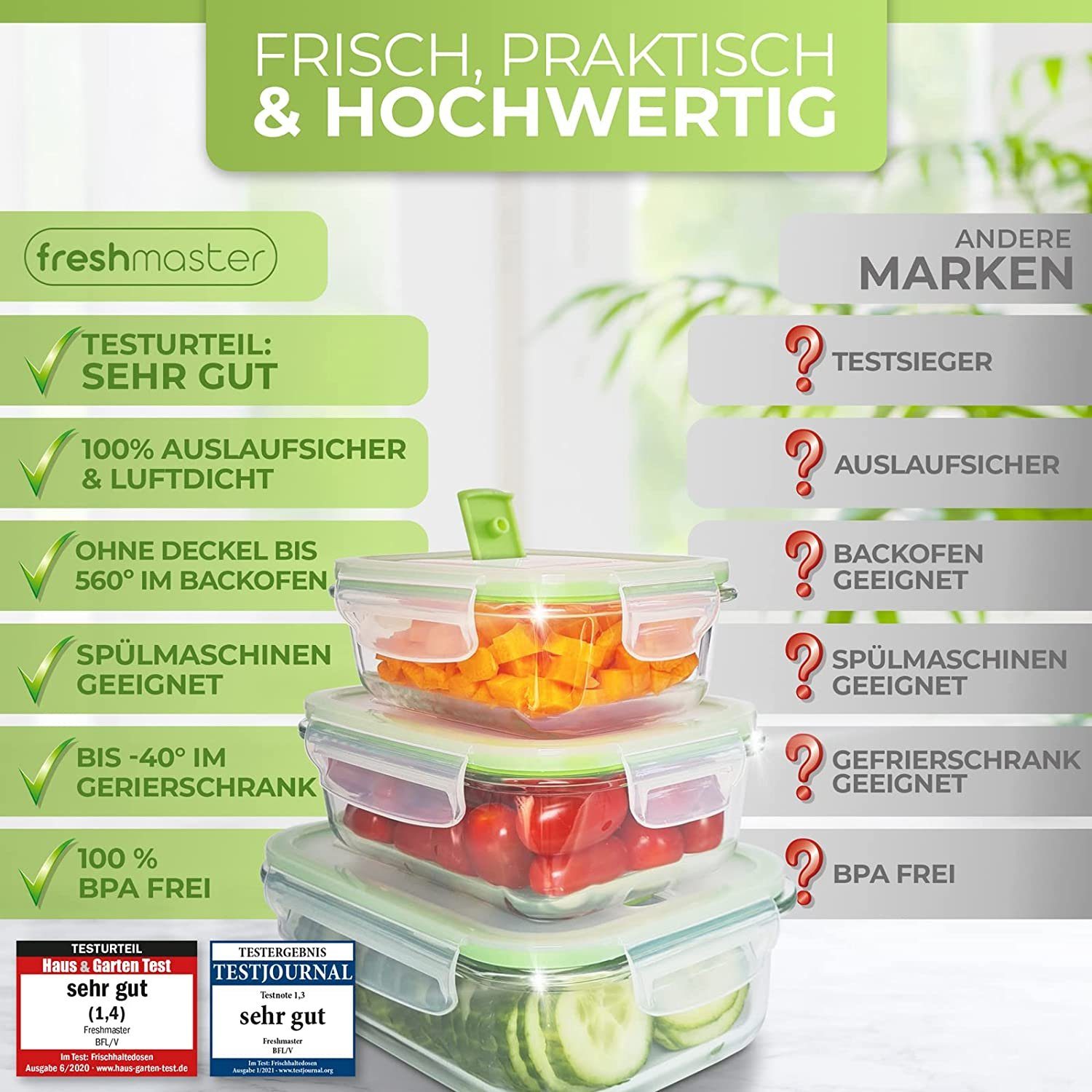 Fresh Master Frischhaltedose 12-tlg. Glas Vorratsdosen Set Frischhaltedosen auslaufsicher luftdicht, Borosililatglas, (Spar-Set) – Bild 5 von 5