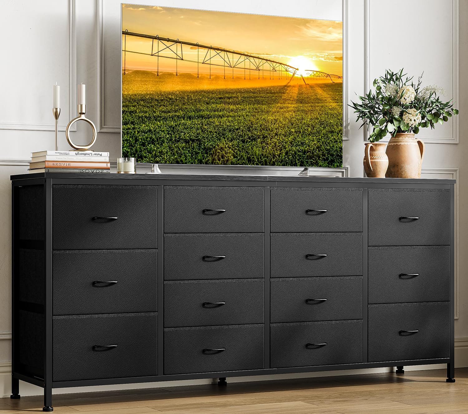 GarveeMore TV-Bank 160cm TV-Schrank mit 14 Schubladen, Steckdosen Holzmaserung