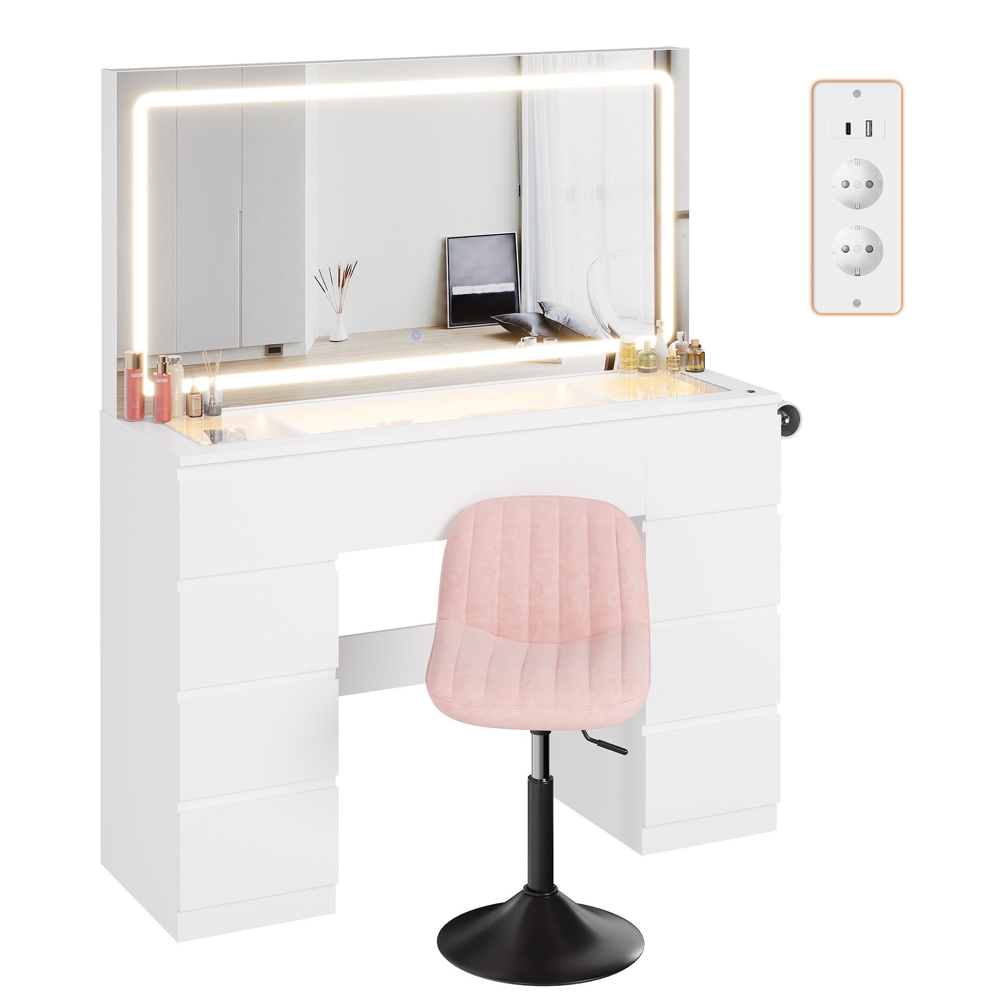 HOMALL Schminktisch Extra großer LED-Schminkspiegel mit Frisiertisch und Stuhl im Set (Kinderschminktisch 115 × 40 × 139 cm, 7 Schubladen, mit integrierter Stec – Bild 2 von 5