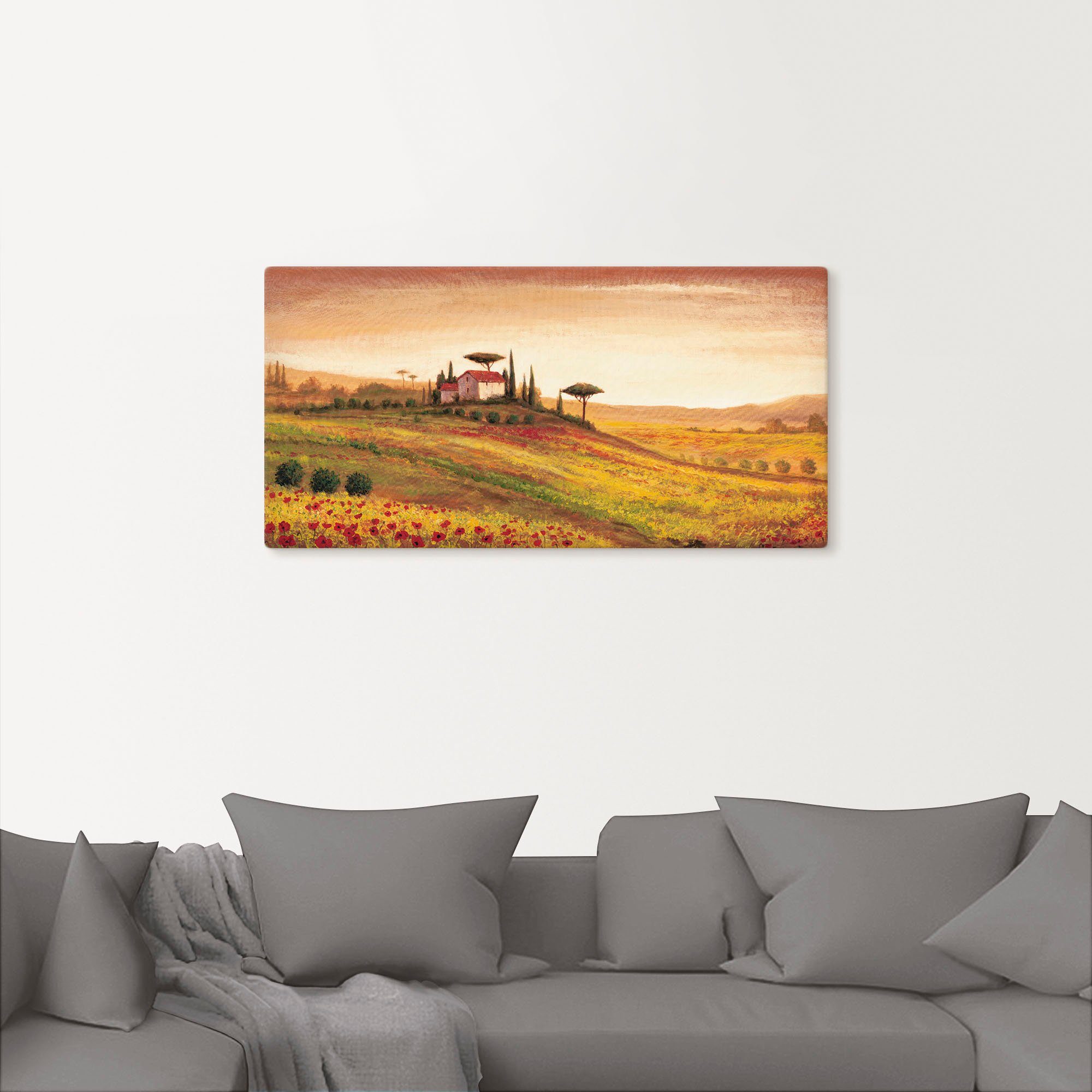 Artland Leinwandbild Toskanalandschaft mit Mohnblumen, Europa (1 St), auf Holzrahmen gespannt