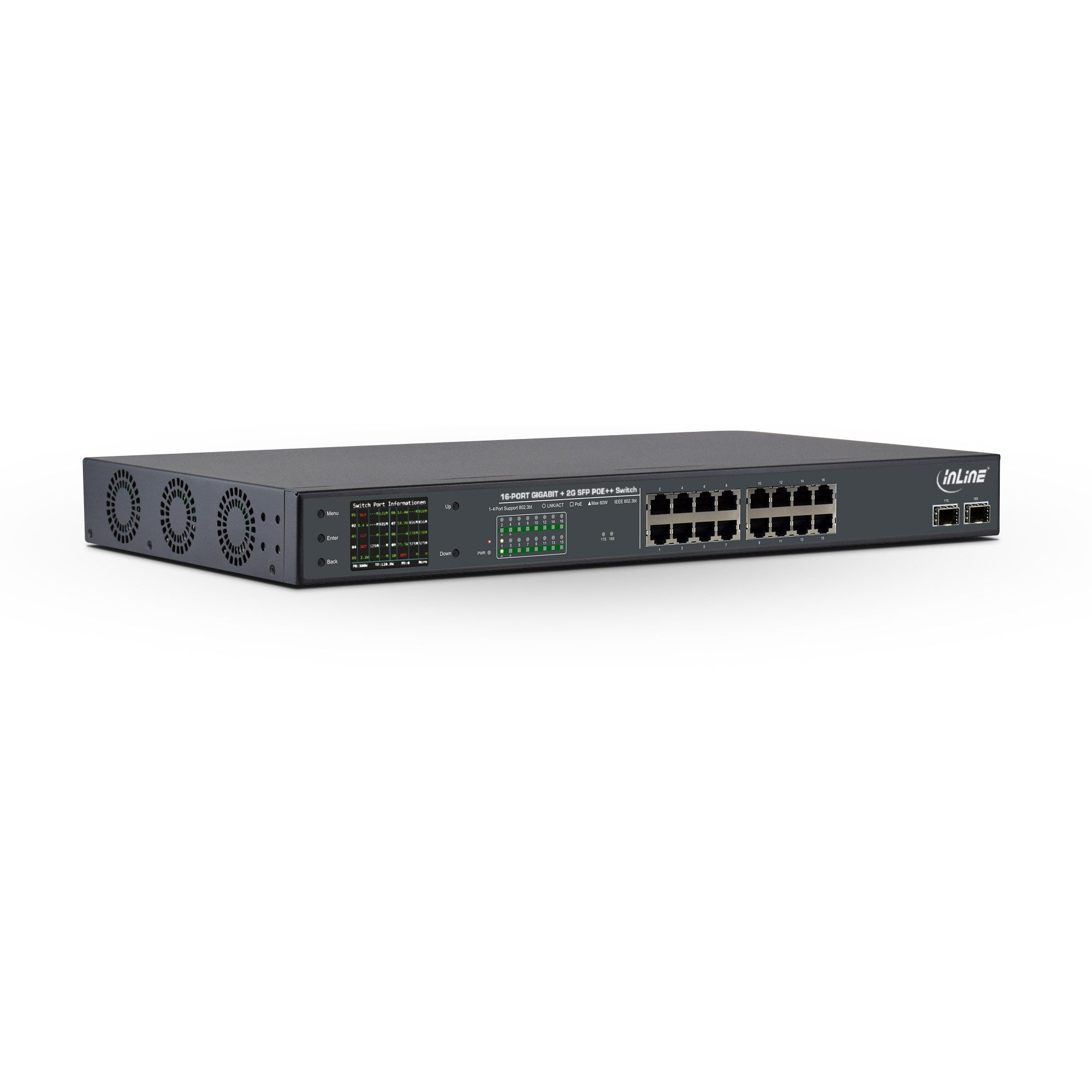 Inline PoE++ Gigabit Netzwerk Switch 16 Port - 1Gb/s - 2xSFP,19"1HE(inkl. Win WLAN-Access Point