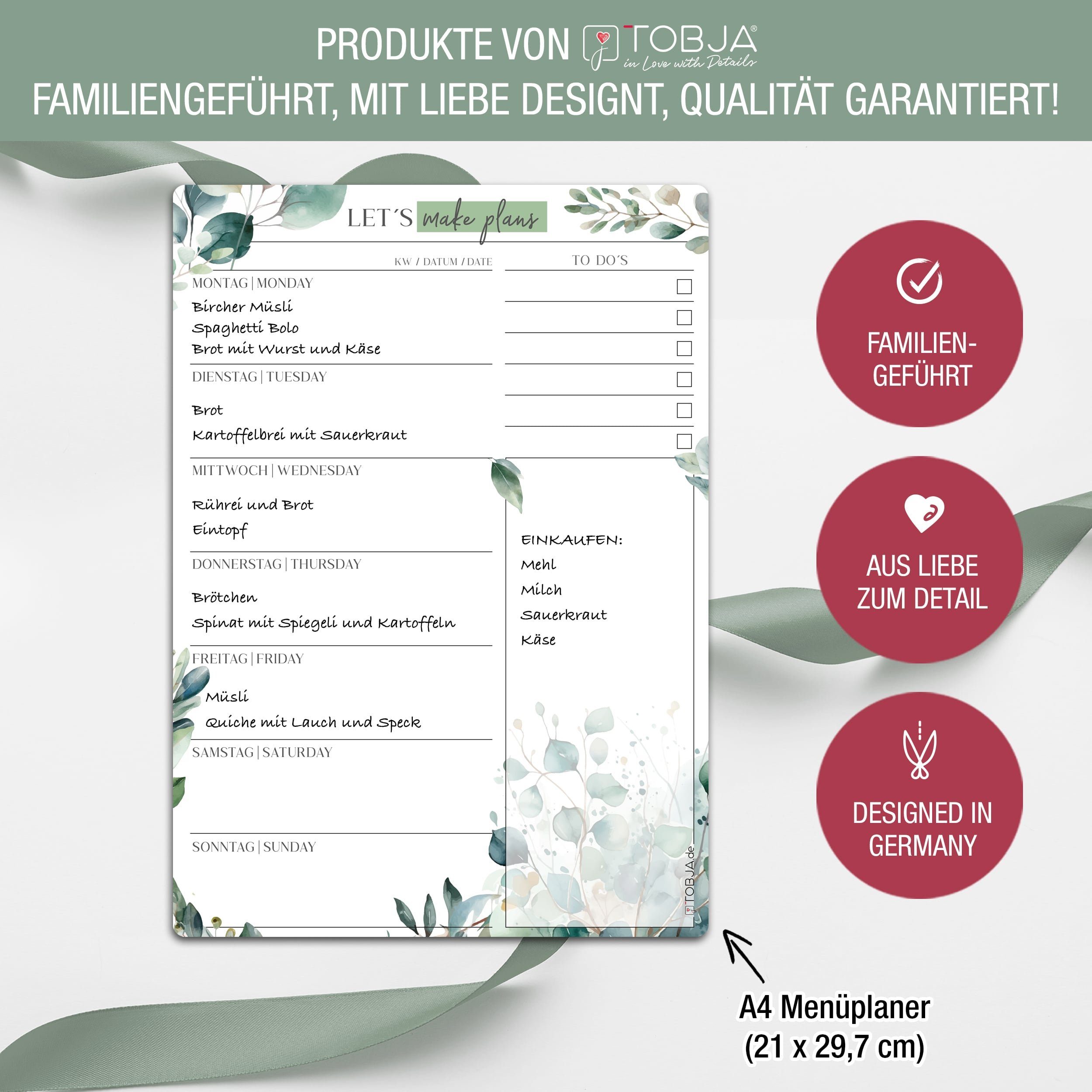 TOBJA Memoboard Essensplaner Woche, abwischbarer Menüplaner, Wochenplaner haftet auf allen Oberflächen, wieder ablösbar, Eukalyptus