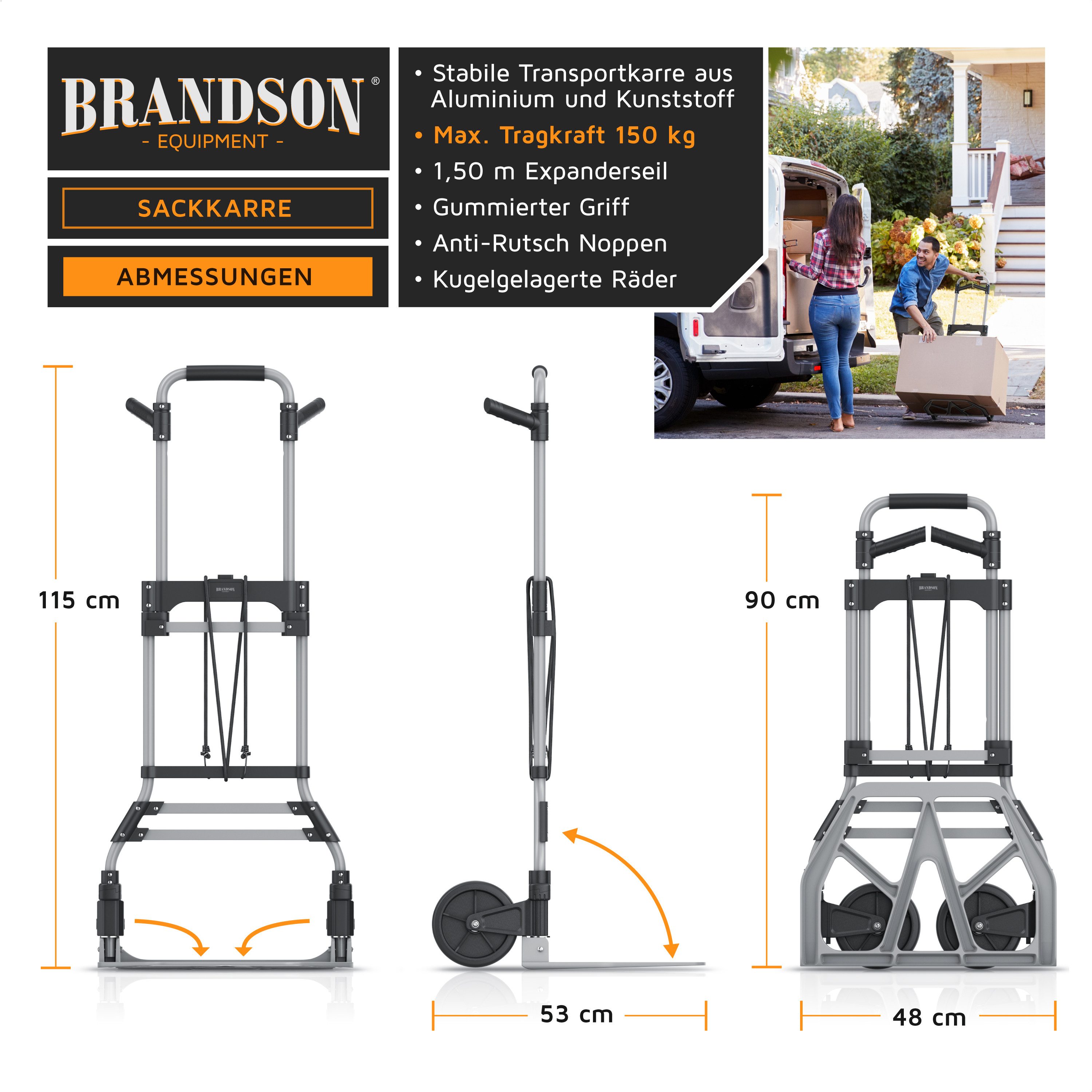 Brandson Sackkarre Transportkarre klappbar mit 150 kg Last Vollgummireifen & Expanderseil, (1-St), Aluminium, Anti-Rutsch-Kerben, Griff arretierbar 115 cm