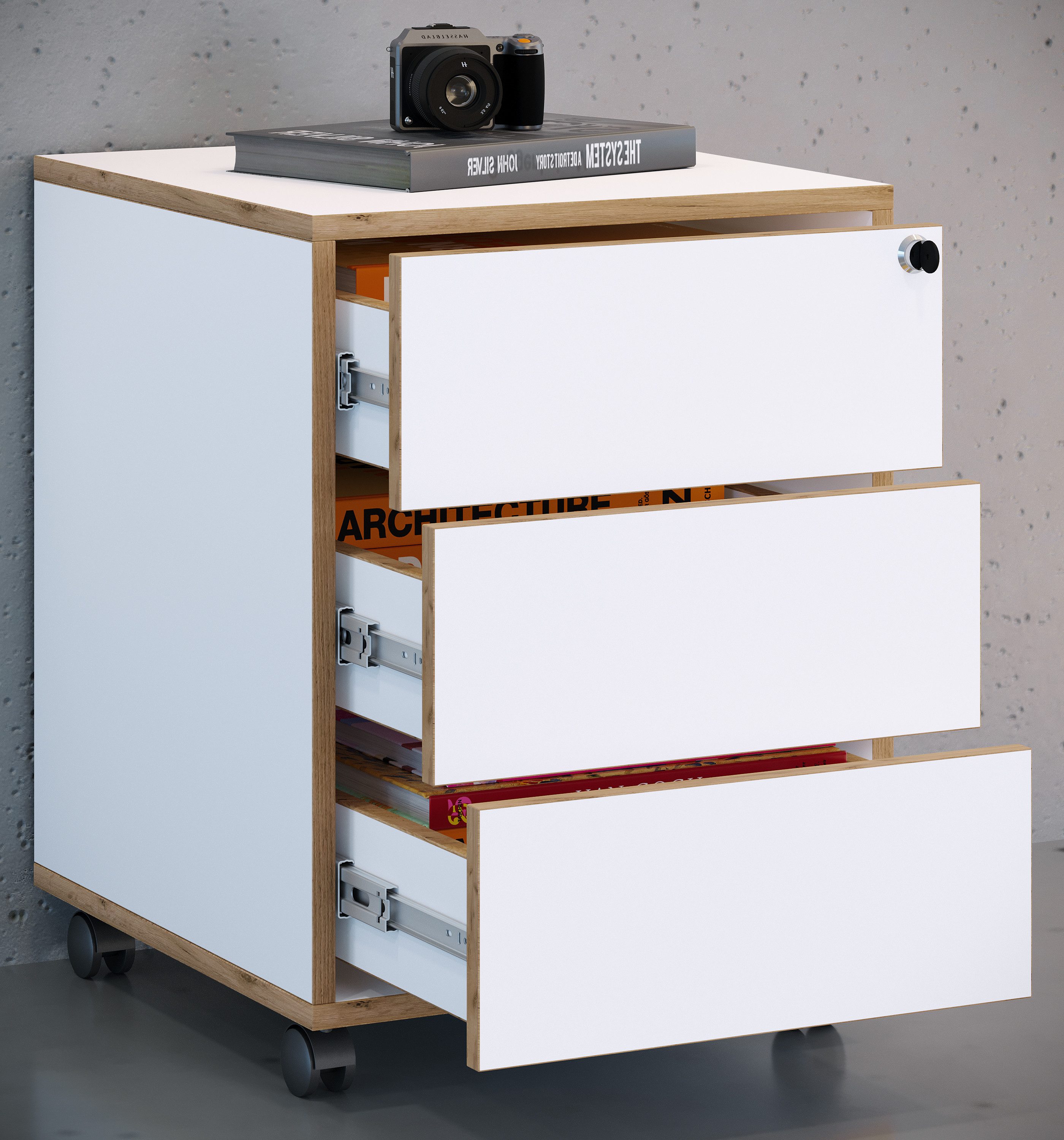 VCM Rollcontainer Büroschrank Salia H. 50 x B. 42 x T. 45 cm, Beistellcontainer mit drei Schubladen, Bürocontainer abschließbar