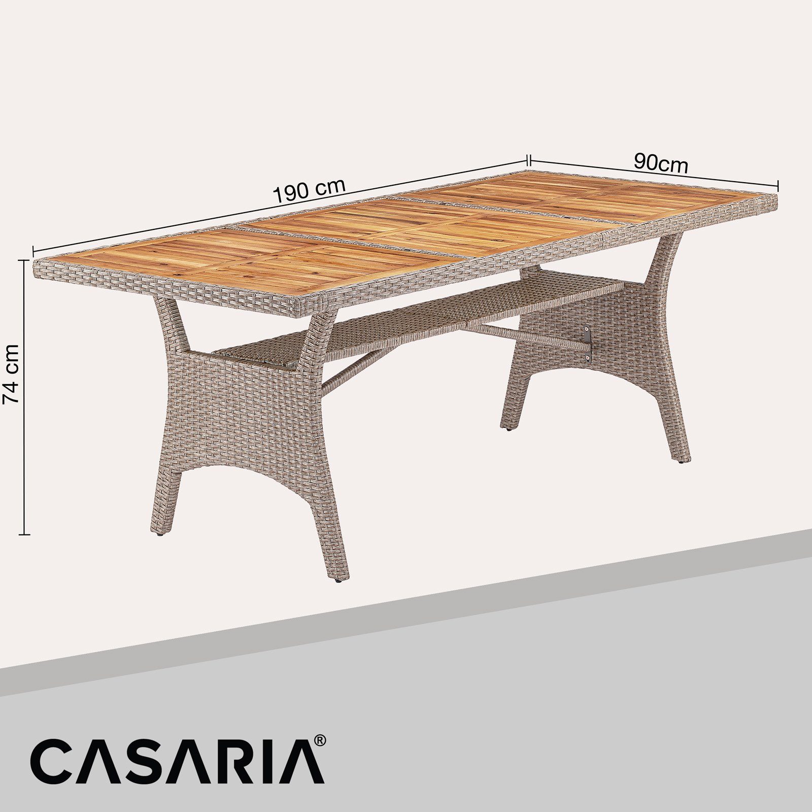 (1-St), Casaria Polyrattan zertifiziertes Gartentisch mit Akazienholz FSC®- Beige 190x90cm Ablage