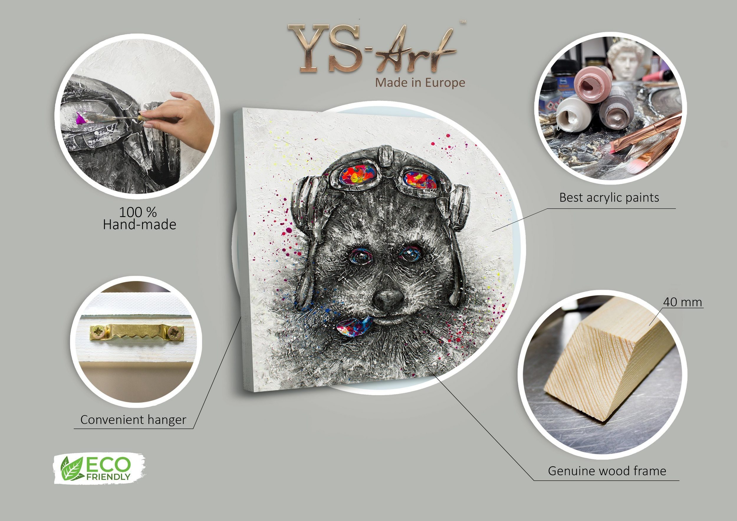 Waschbär YS-Art Leinwand Brille Bild Gemälde Mütze Tierbilder, Waschbär, Bunte Handgemalt