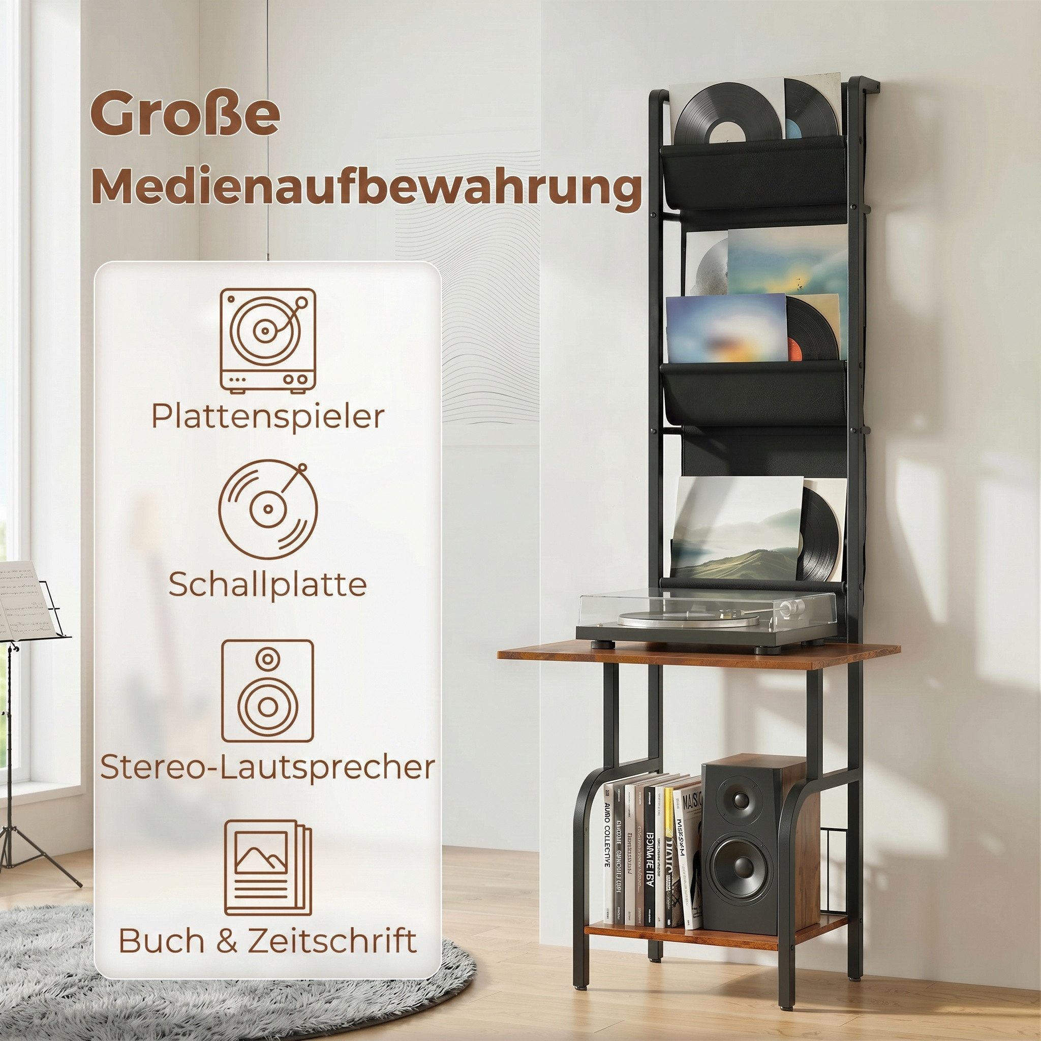 HOMCOM CD-Regal Plattenspieler Schallplatten Aufbewahrung mit 3 Stofftaschen, DVD Regal 1-tlg., Medienregal mit Tischplatte, Kippsicherung, stabil. – Bild 4 von 5