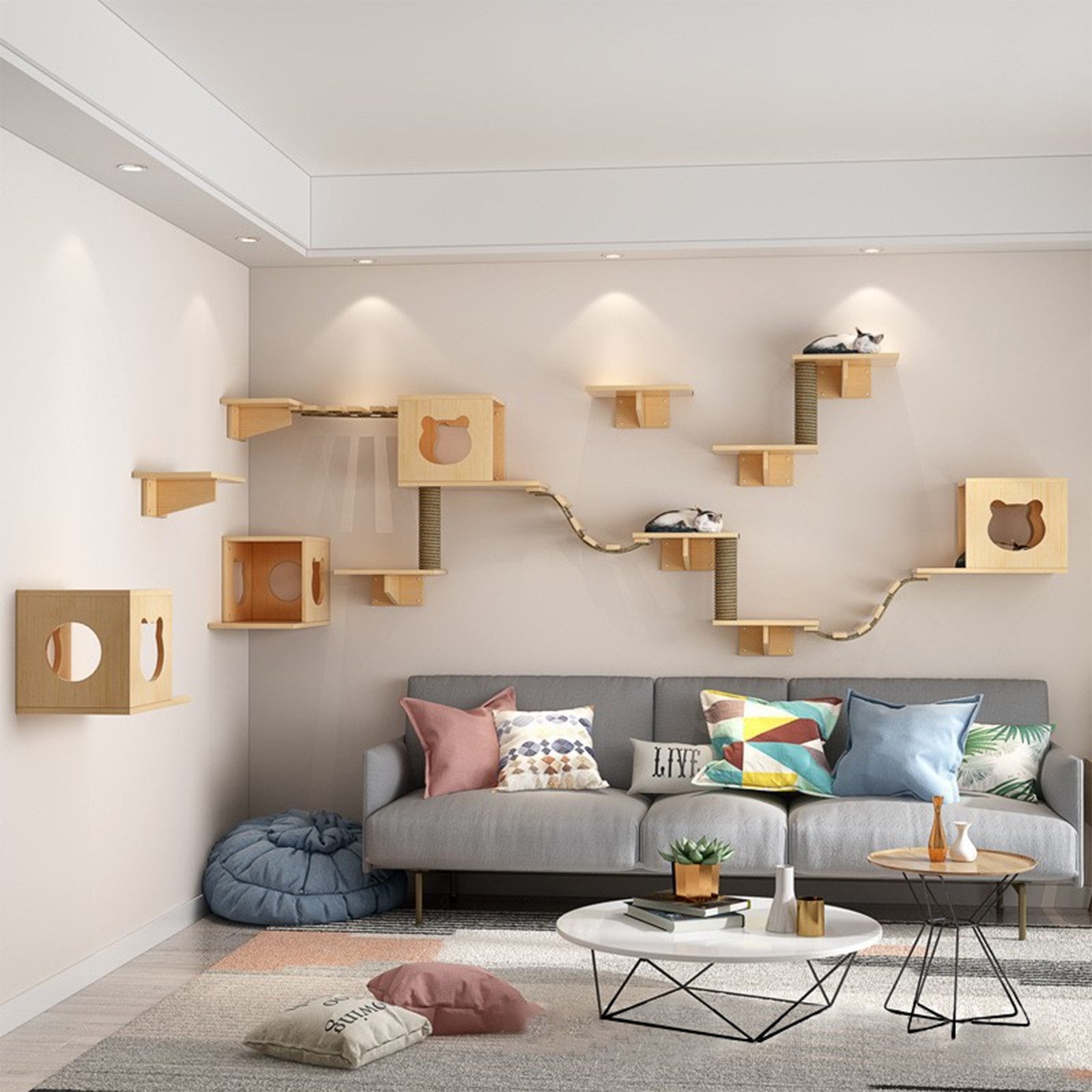 PEALOV Katzen-Kletterwand 17 Stück Deluxe‑Katzenmöbel aus Holz, Katzenbett, Klettergerüst, Tragkraft 12 kg, Wandmontage im Innenbereich