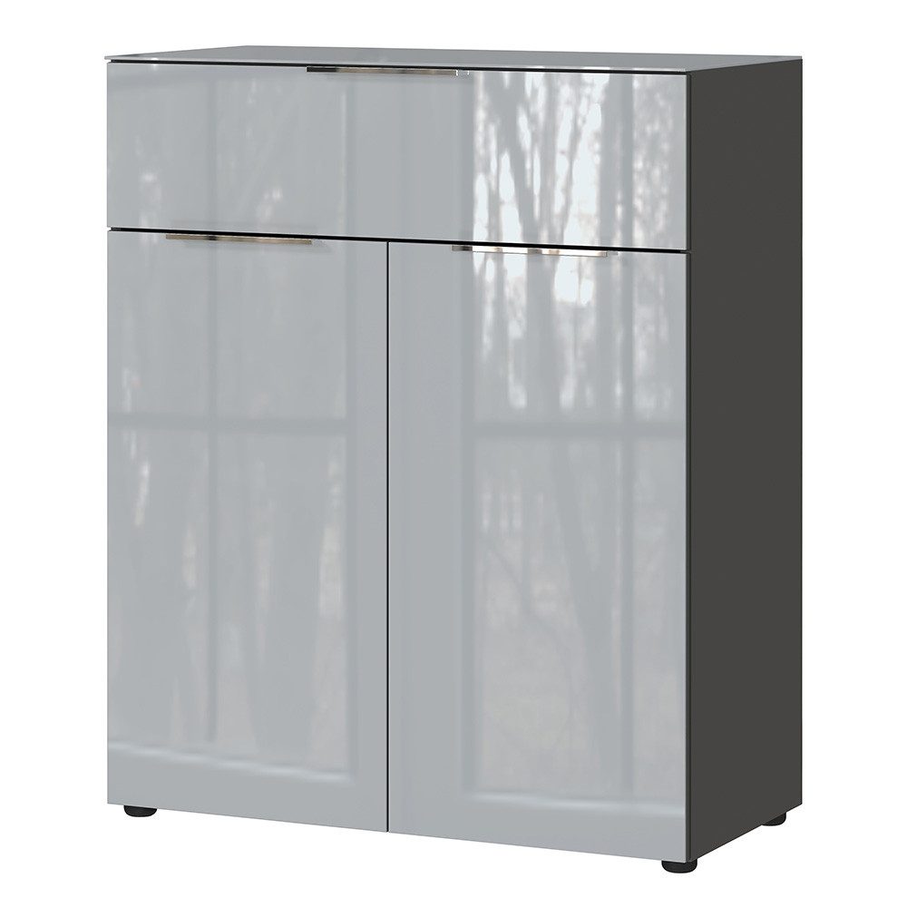 Lomadox Kommode OXFORD-01, Schrankkommode Anrichte Glasfront 83cm breit silbergrau mit graphit