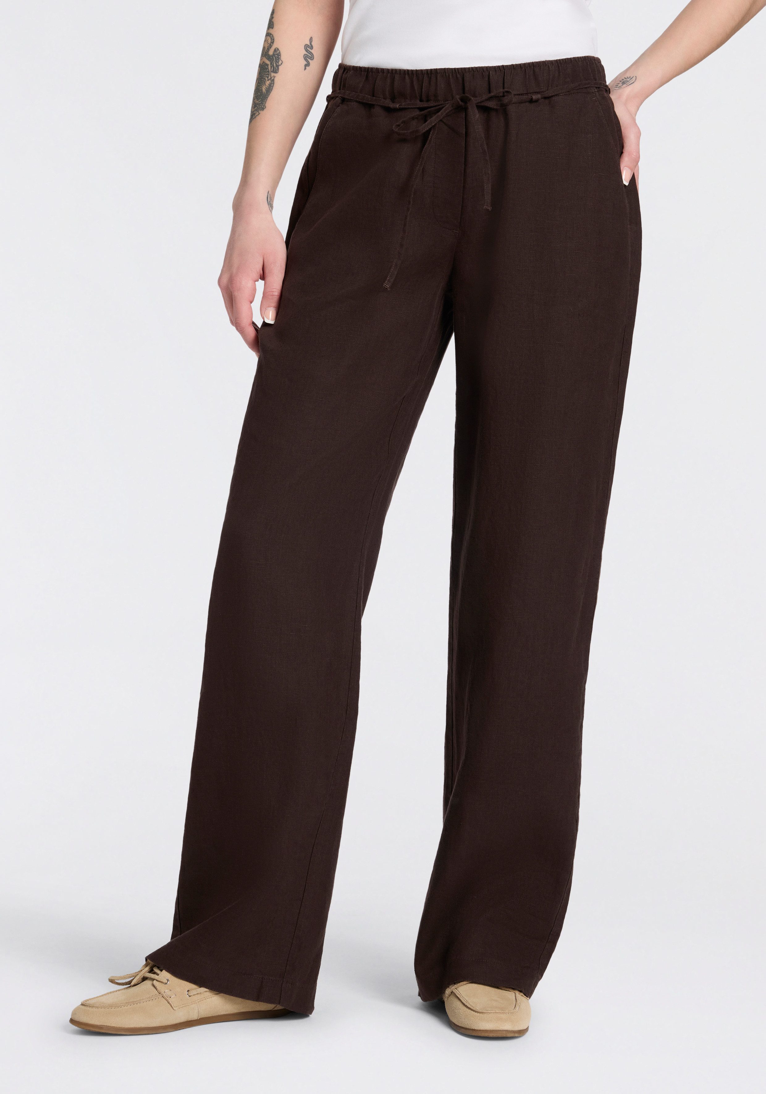 MAC Leinenhose CHIARA BELT Sommerhose Wide Fit, mit geradem, weitem Bein