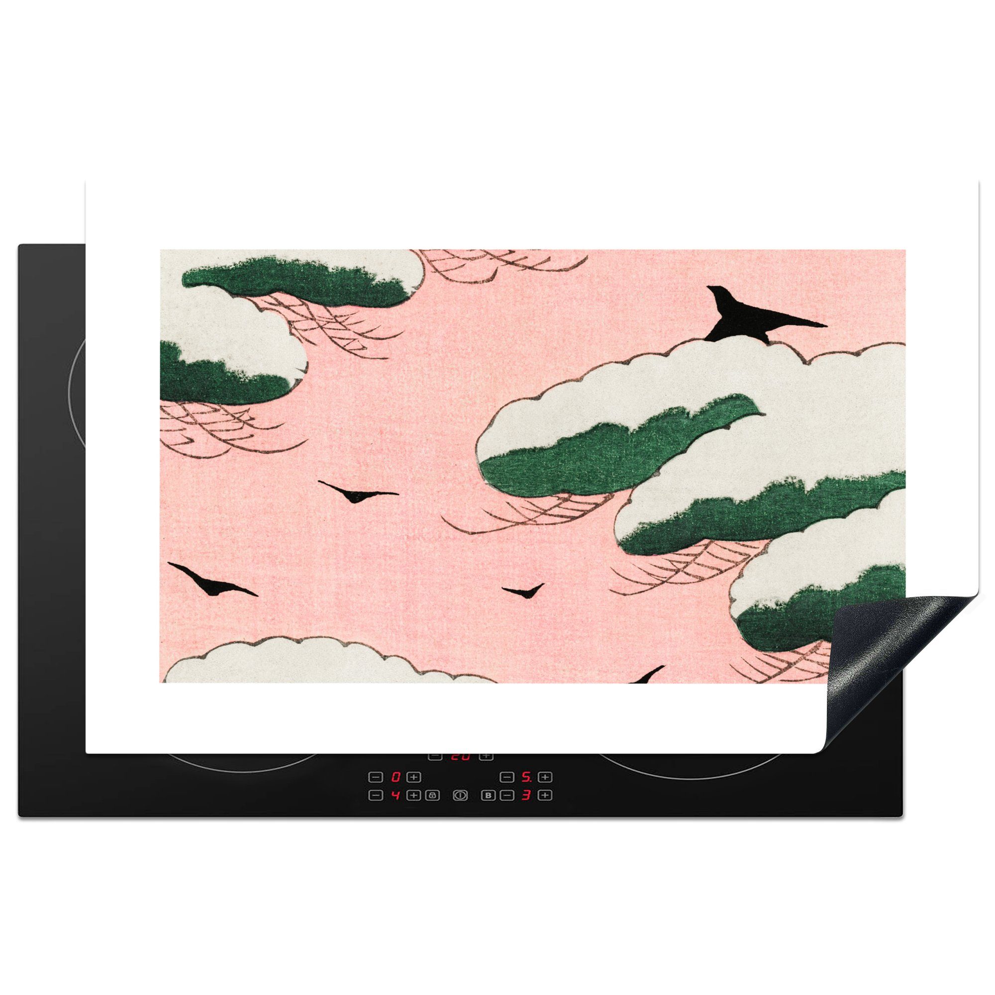 MuchoWow Herdblende-/Abdeckplatte Wolken - Vogel - Retro - Japanisch - Skandinavisch, Vinyl, (1 tlg), 81x52 cm, Induktionskochfeld Schutz für die küche, Ceranfeldabdeckung