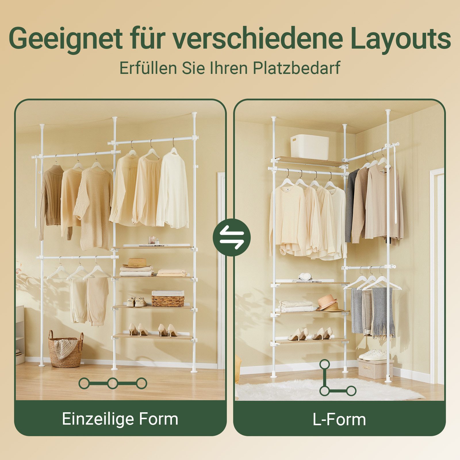SoBuy Kleiderständer KLS17, Teleskop Kleiderständer, offener Kleiderschrank Kleiderstange, mit 3 Kleiderstange und 4 Ablagen Teleskop Garderoben System