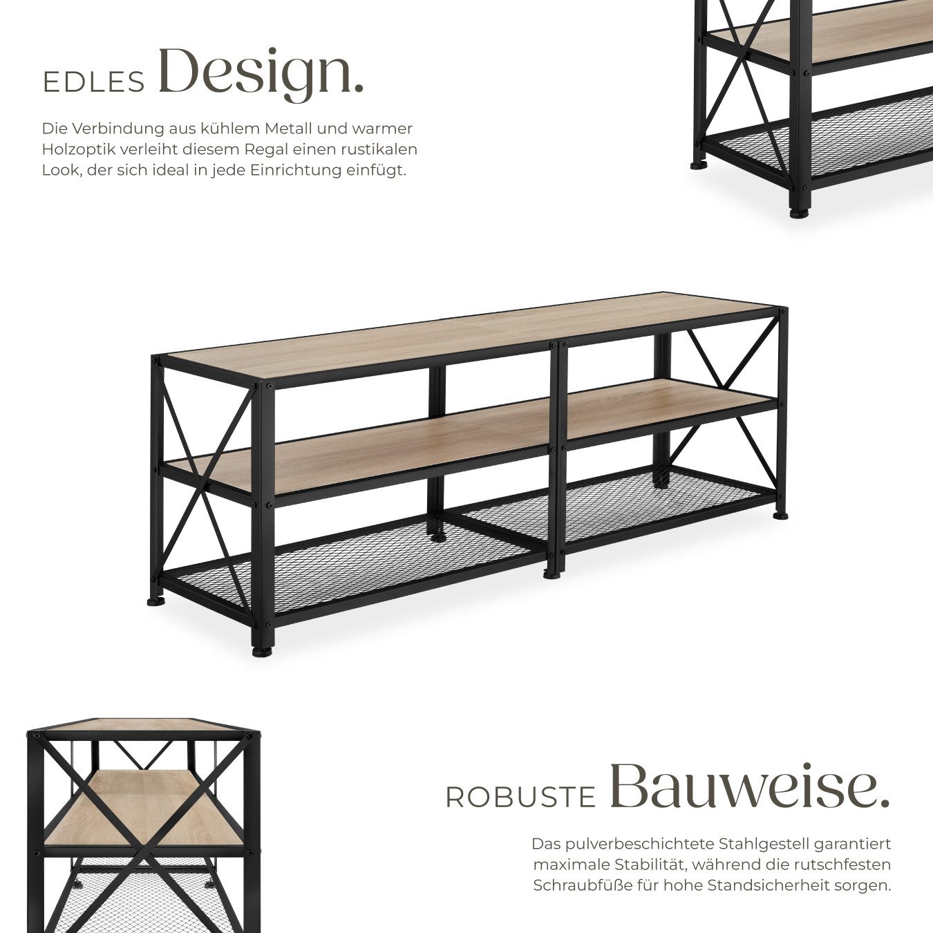 tectake Lowboard TV-Schrank, 141 x 41,5 x 50,5 cm, Industrial Style, Holz und Stahl (Fernsehboard Chicago, in Industrial Holz hell, Eiche Sonoma), 3 offene Etagen, seitliche X-Streben, höhenverstellbare Kunststofffüße