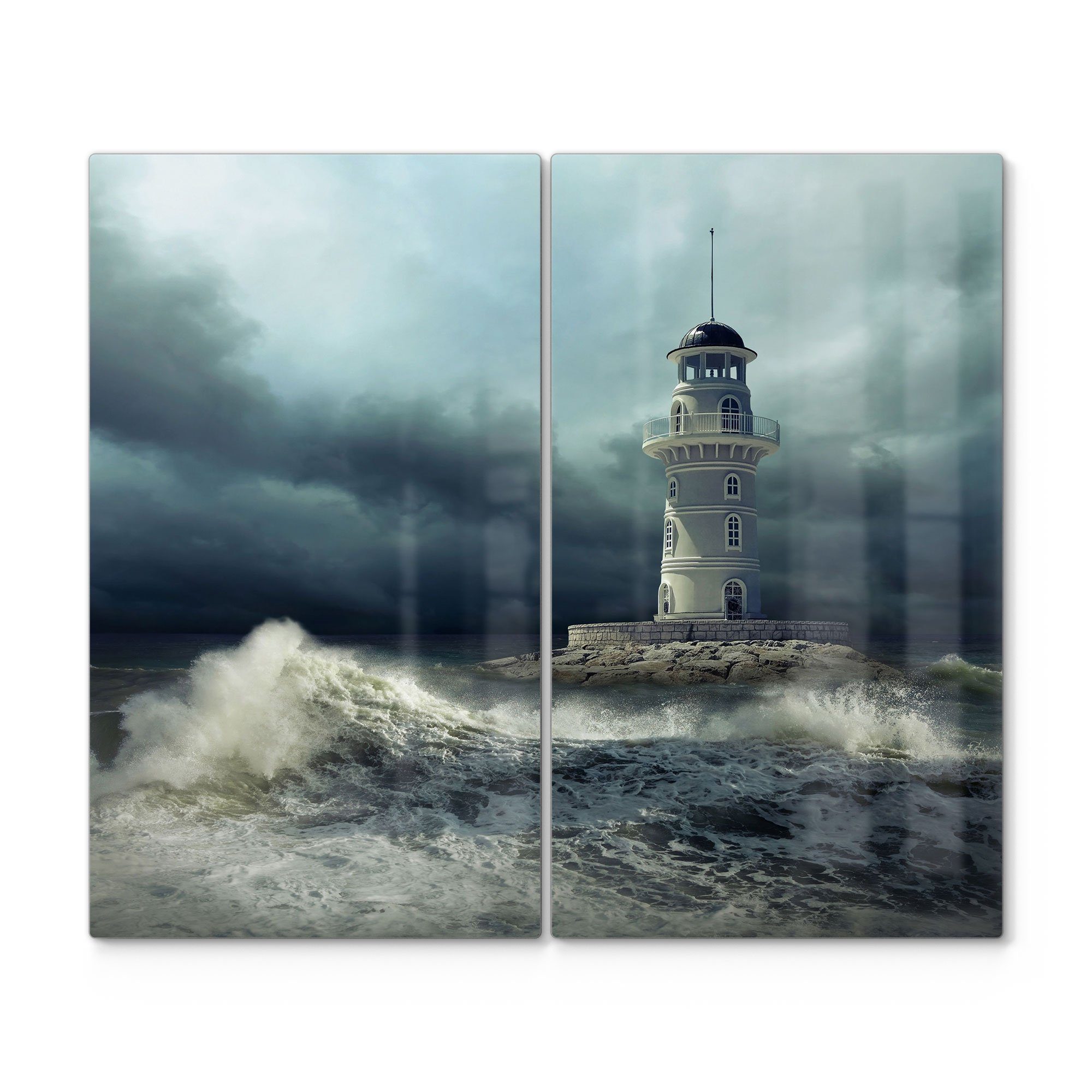 DEQORI Herdblende-/Abdeckplatte 'Leuchtturm im Sturm', Glas, (2 tlg), Glas Herdabdeckplatte Ceranfeld Herd
