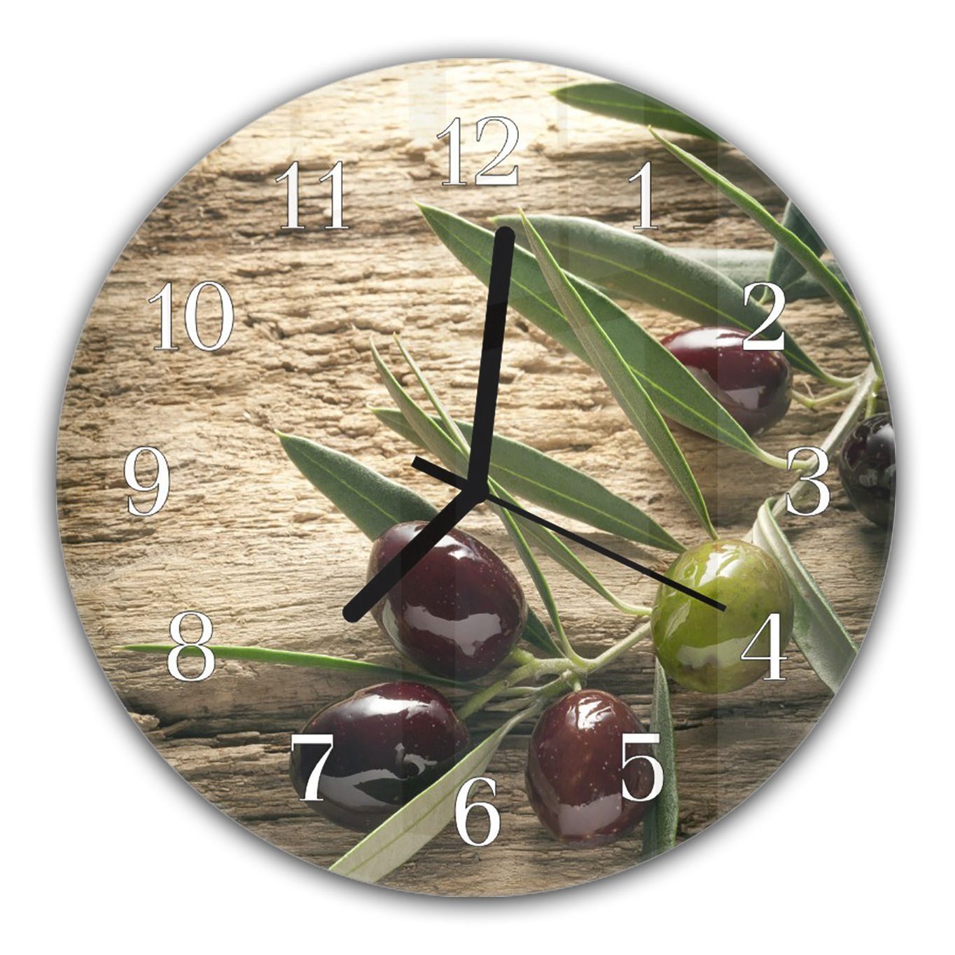 Oliven 30 Wanduhr Primedeco cm und auf Durchmesser mit Rund Quarzuhrwerk aus Holz Wanduhr Glas - Motiv mit