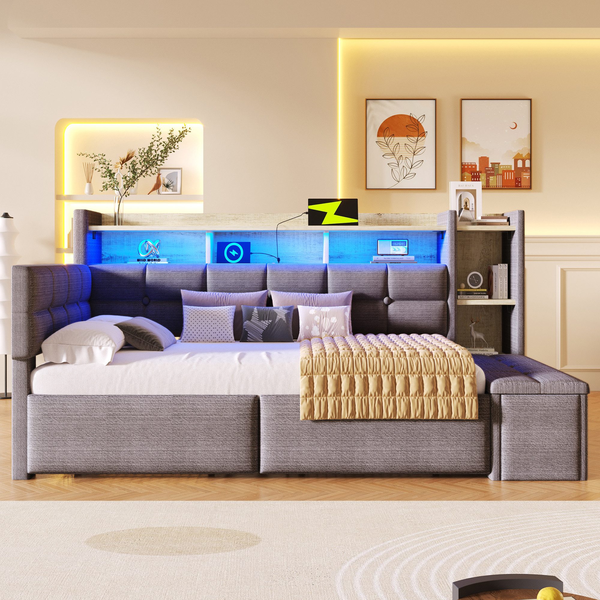 REDOM Schlafsofa zwei Schubladen & Ablagefach, USB- und Typ-C-Anschlüsse, mit Samtbezug, LED-Lichtleiste,Polsterbett Kinderbett 90×190 cm, ohne Matratze