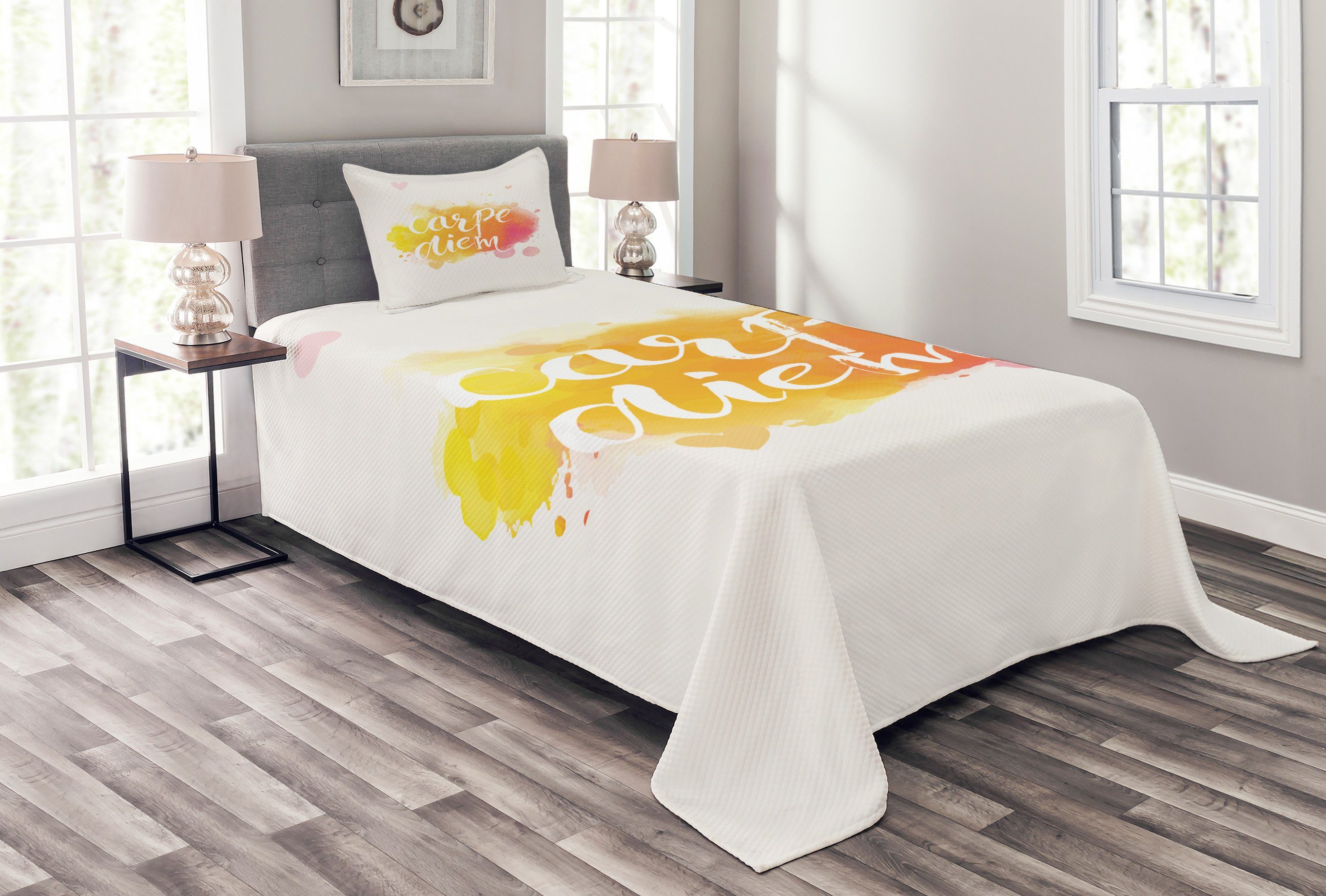Waschbar, Gelb Kunst mit Tagesdecke Set und Kissenbezügen Weiß Carpe Abakuhaus, Diem