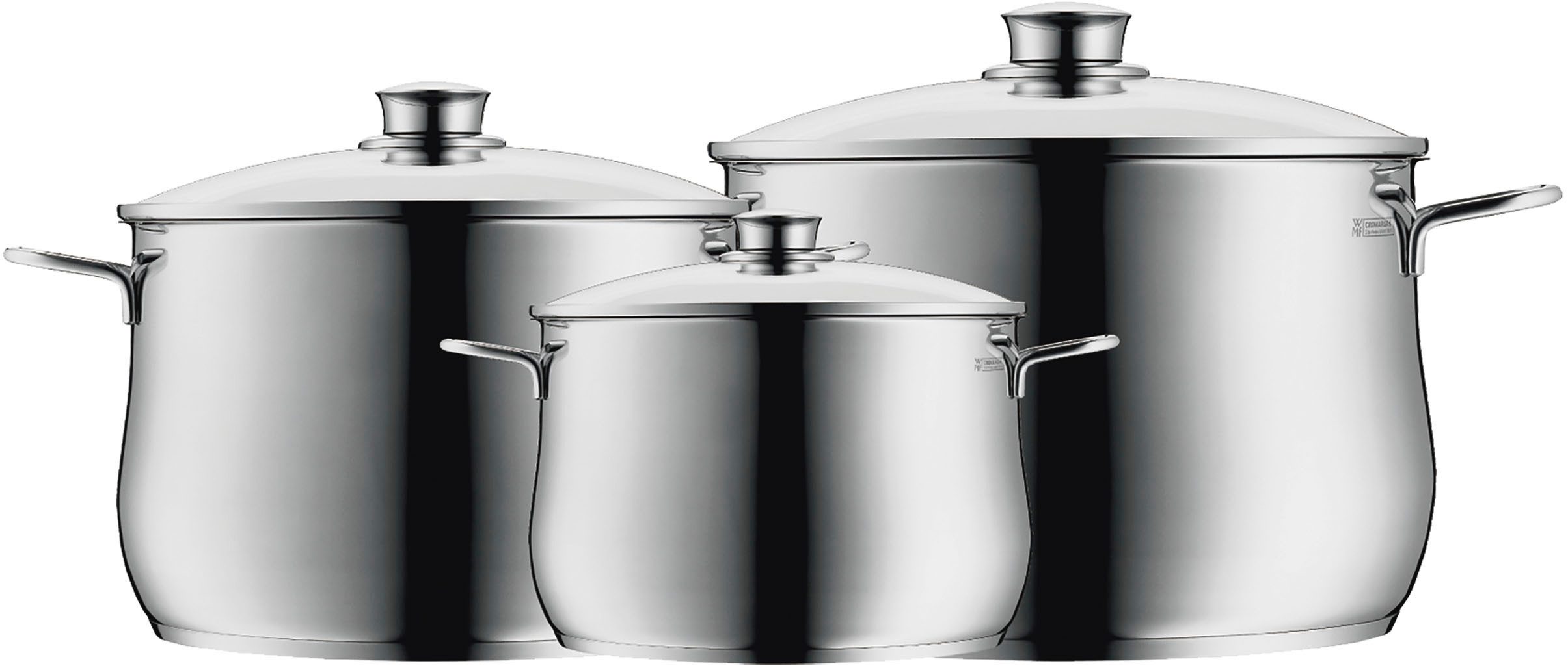 WMF Topf-Set Diadem Plus, Cromargan® Edelstahl Rostfrei 18/10 (Set, 6-tlg), hochglanzpoliert, hochwertiger Glasdeckel, spülmaschinengeeignet